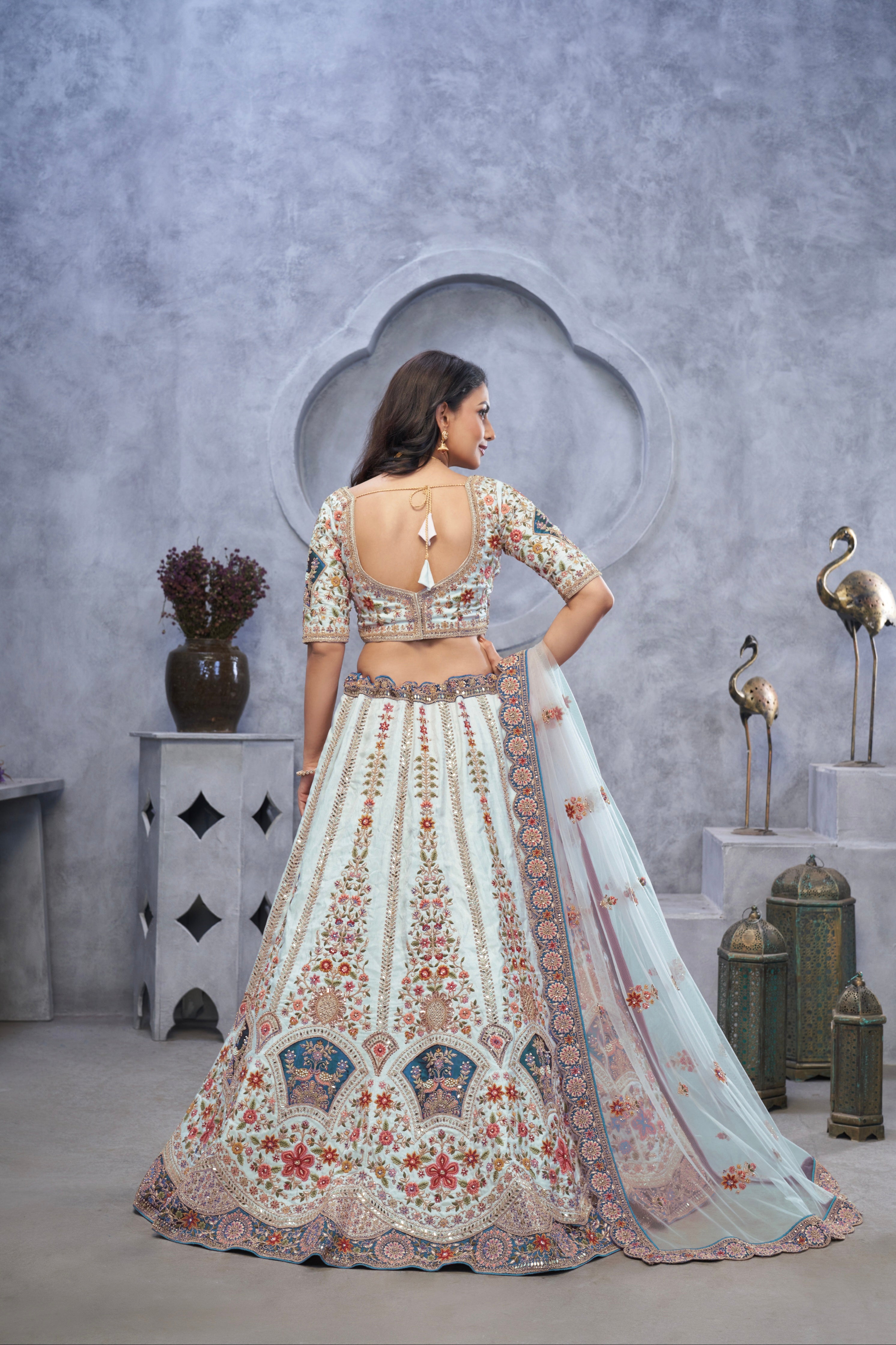 Sky Blue Organza Silk Lehenga with Zari Embroidery &amp; Velvet Patches