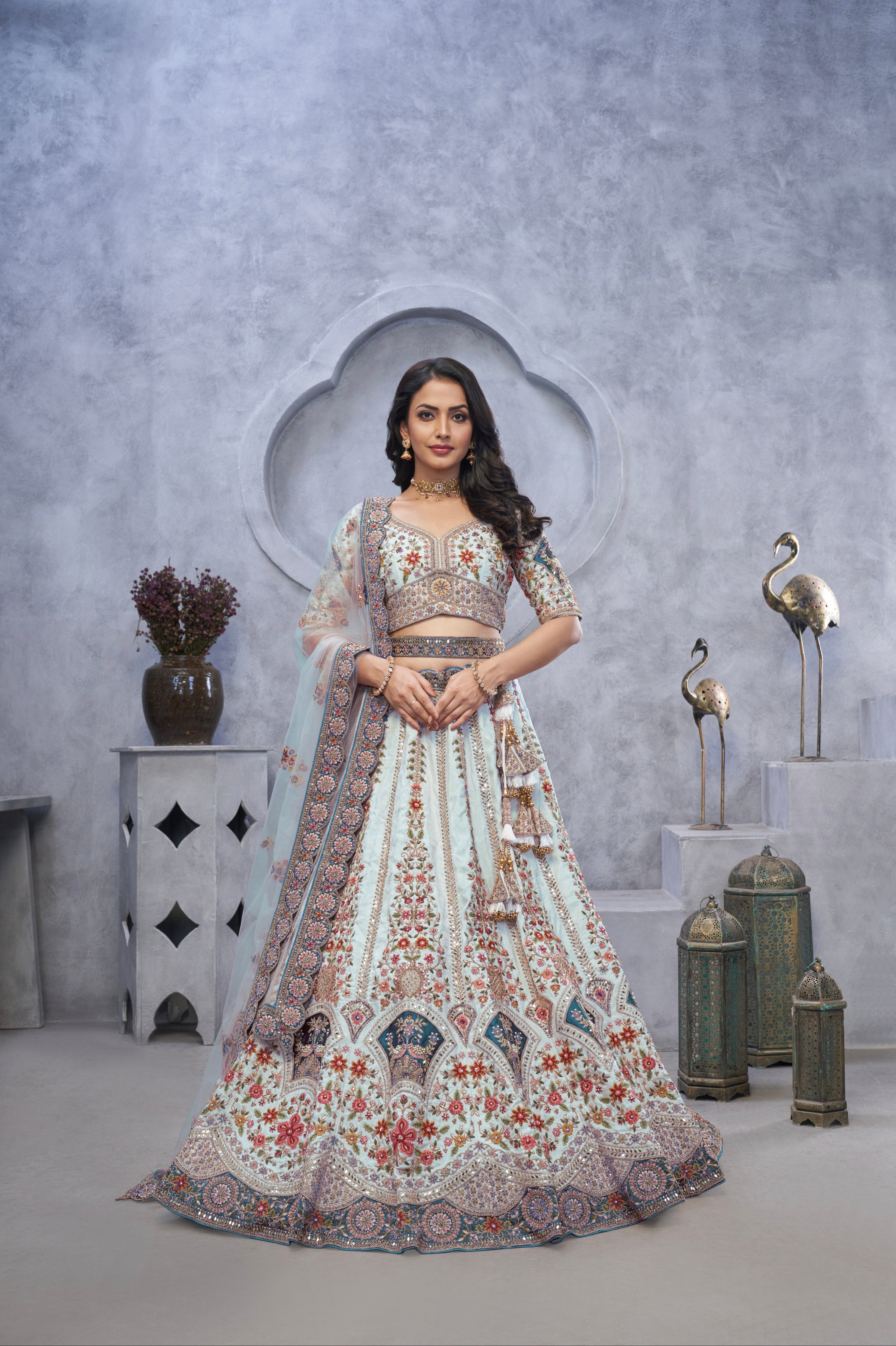 Sky Blue Organza Silk Lehenga with Zari Embroidery &amp; Velvet Patches
