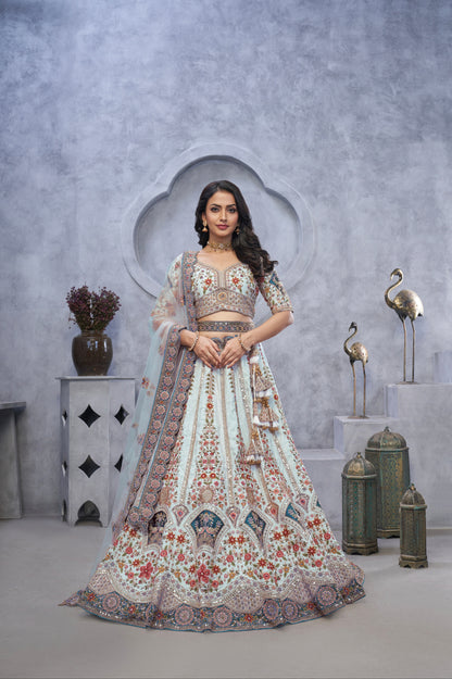 Sky Blue Organza Silk Lehenga with Zari Embroidery &amp; Velvet Patches