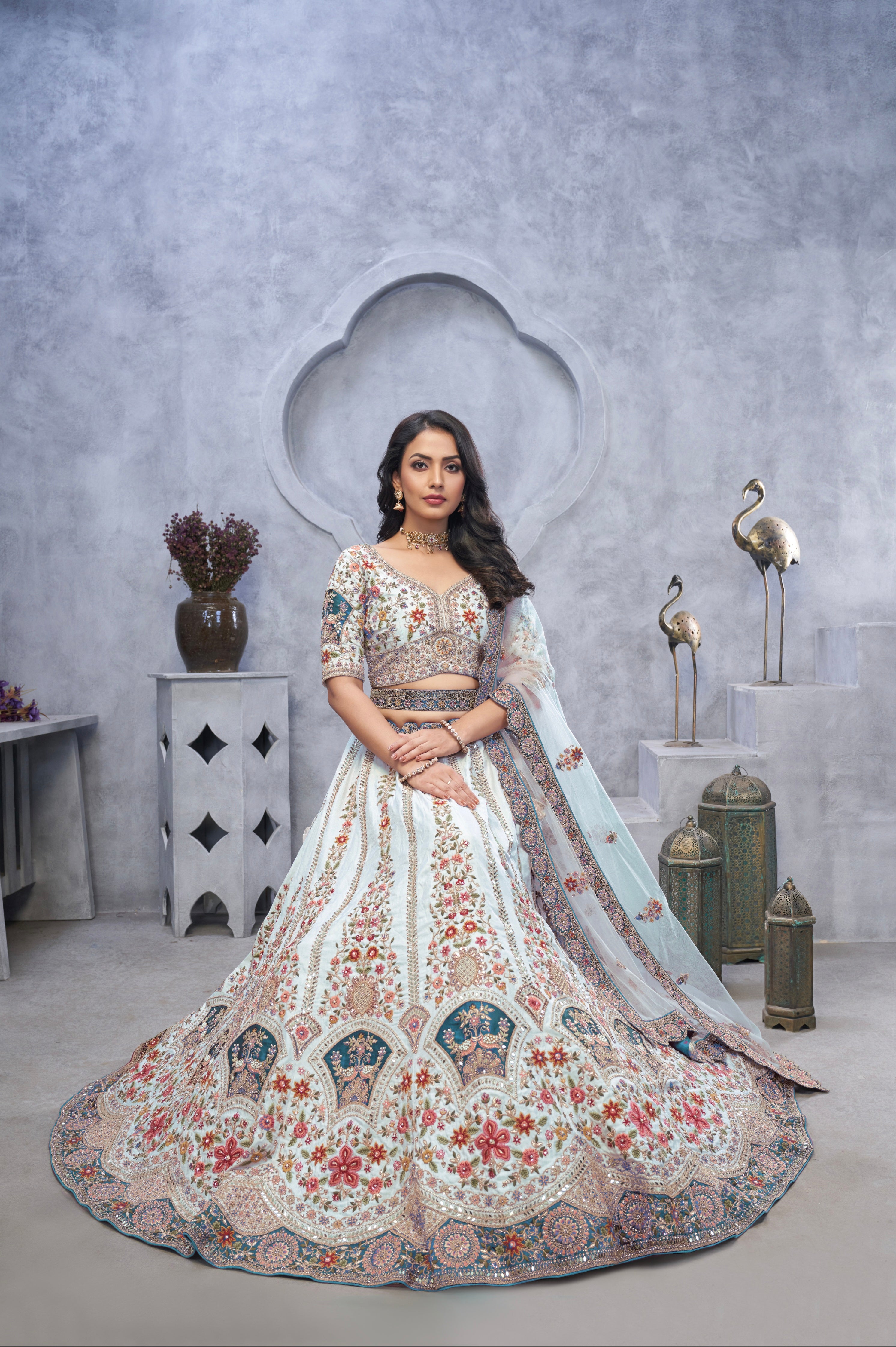 Sky Blue Organza Silk Lehenga with Zari Embroidery &amp; Velvet Patches