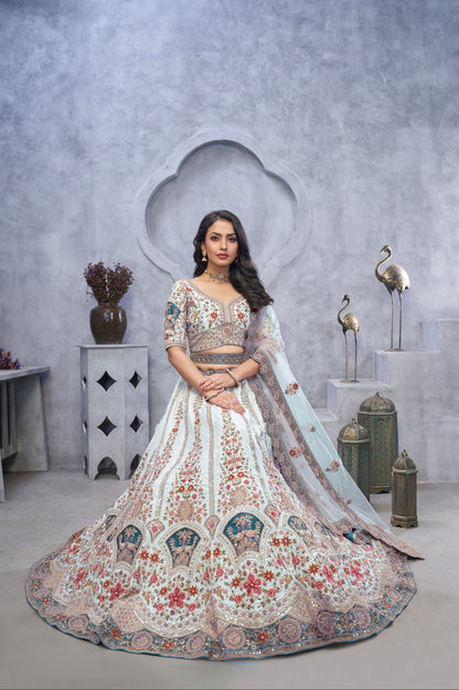 Sky Blue Organza Silk Lehenga with Zari Embroidery &amp; Velvet Patches
