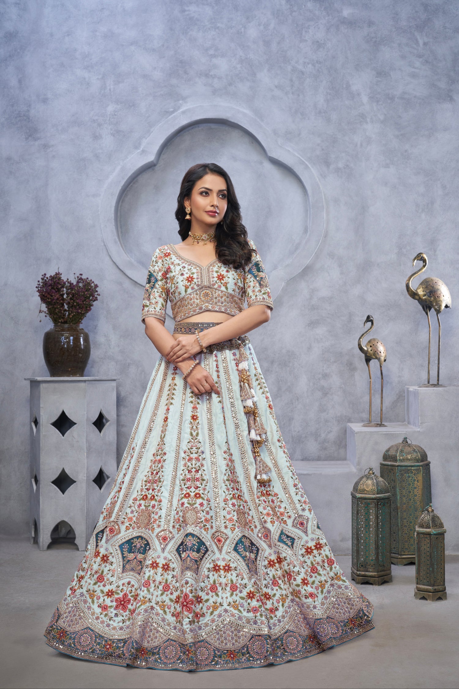 Sky Blue Organza Silk Lehenga with Zari Embroidery &amp; Velvet Patches