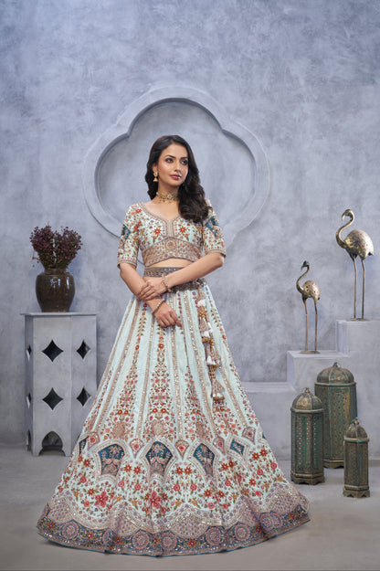 Sky Blue Organza Silk Lehenga with Zari Embroidery &amp; Velvet Patches