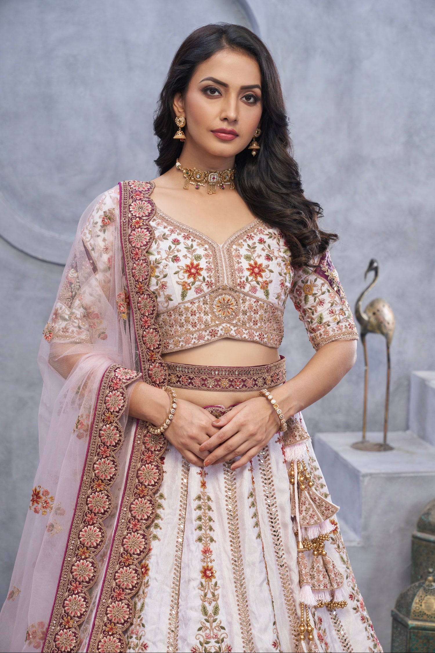 Purple Organza Silk Lehenga with Zari Embroidery &amp; Velvet Patches
