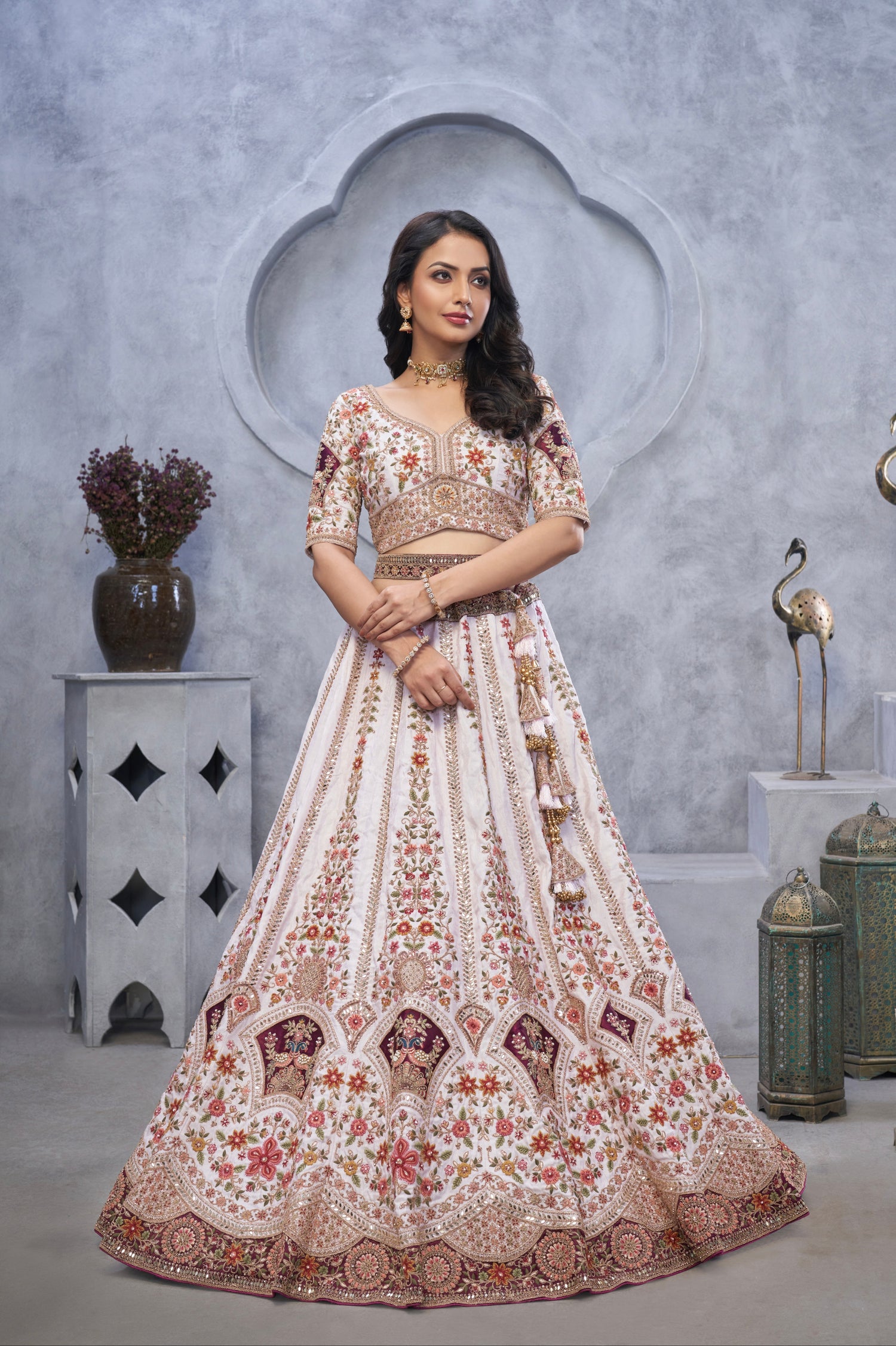 Purple Organza Silk Lehenga with Zari Embroidery &amp; Velvet Patches