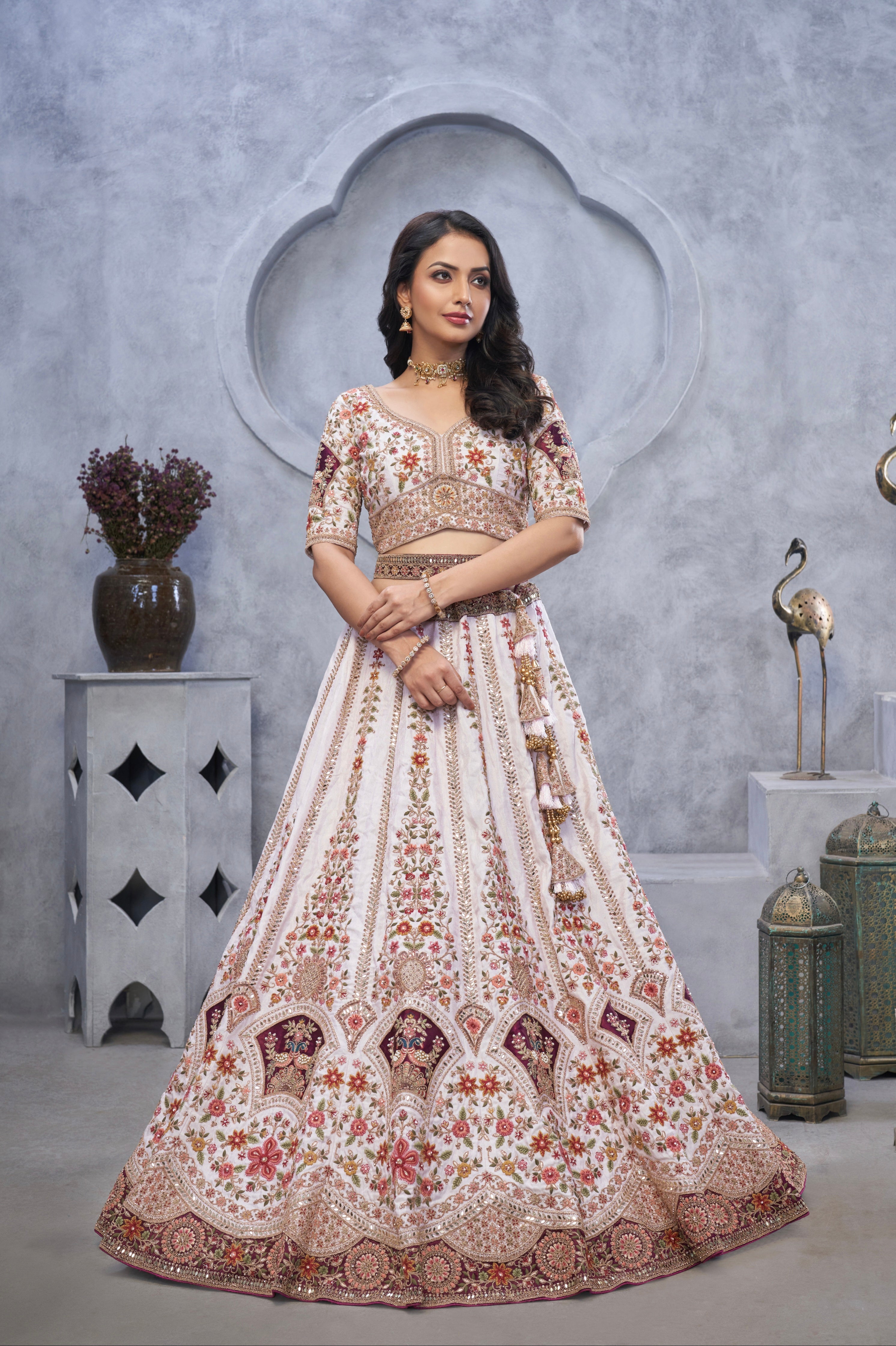 Purple Organza Silk Lehenga with Zari Embroidery &amp; Velvet Patches