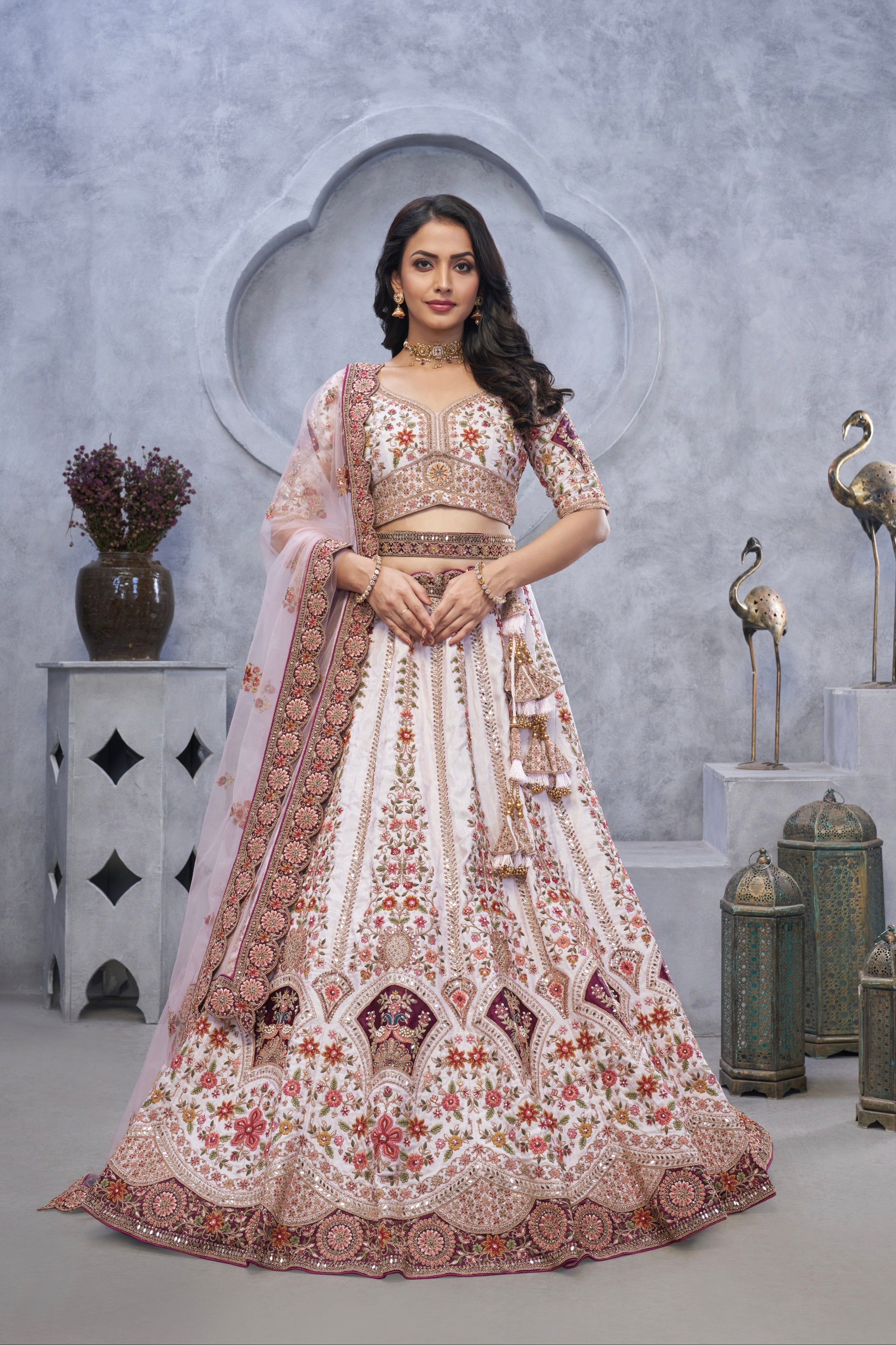 Purple Organza Silk Lehenga with Zari Embroidery &amp; Velvet Patches