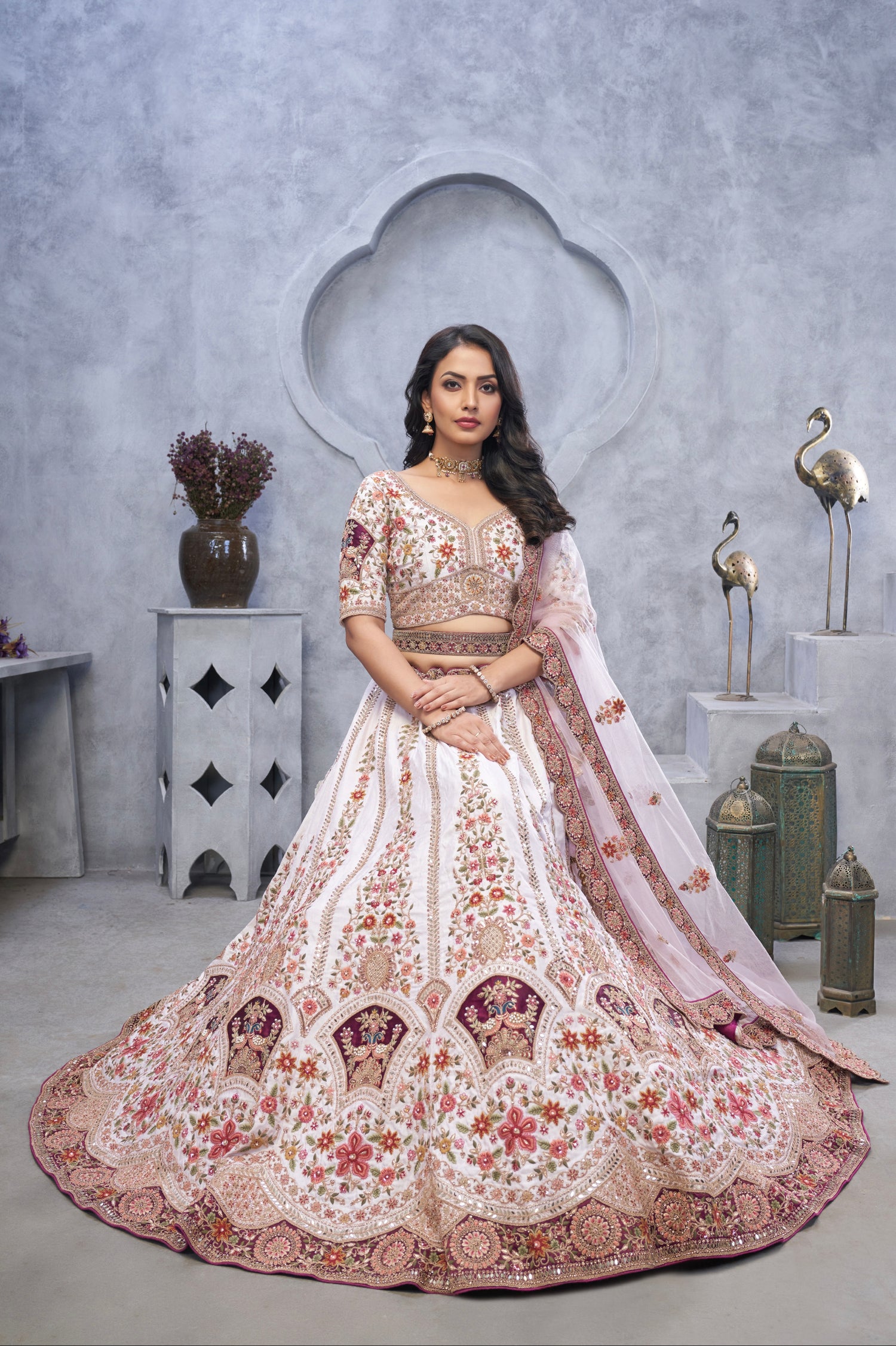 Purple Organza Silk Lehenga with Zari Embroidery &amp; Velvet Patches