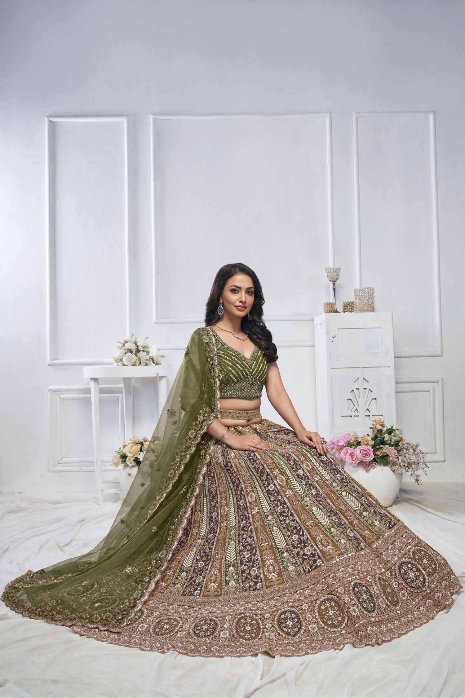 Green Soft Net Lehenga with Paisley Zari Embroidery &amp; Floral Dupatta