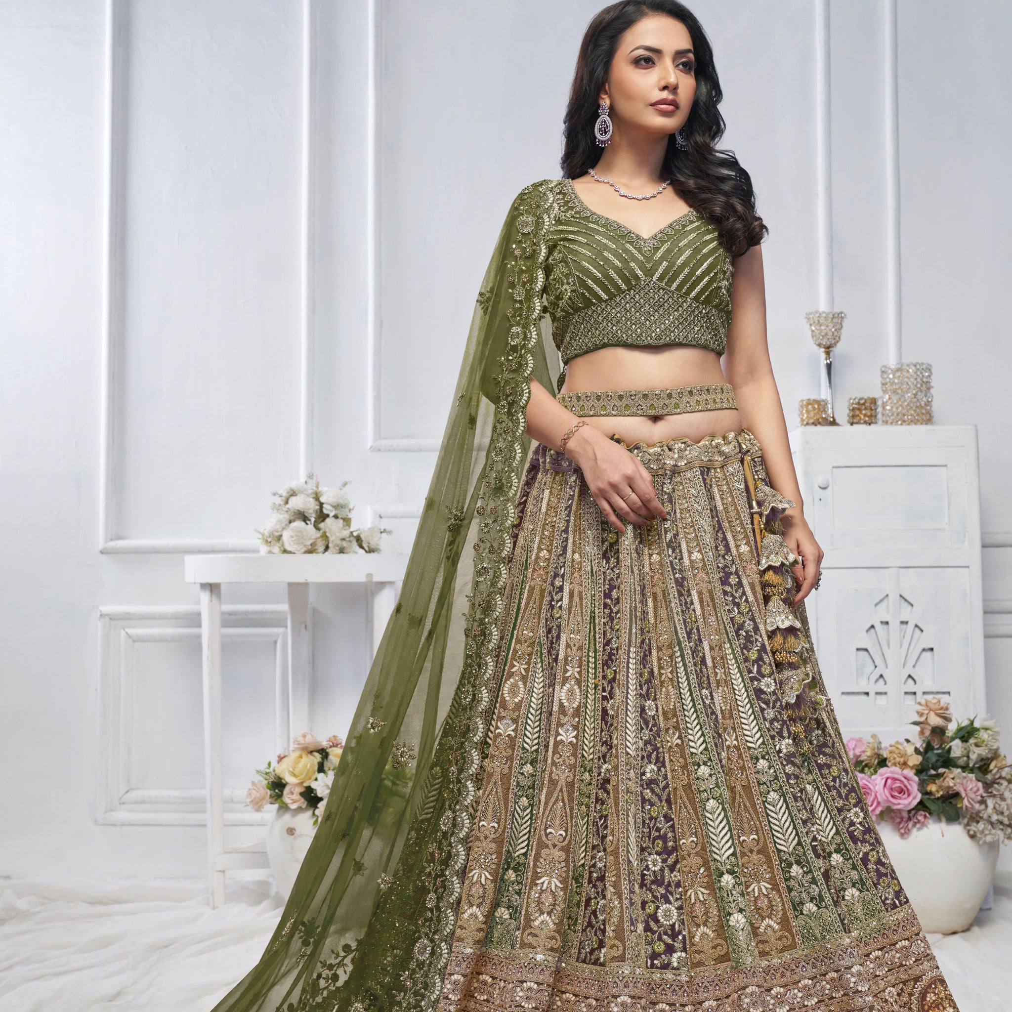 Green Soft Net Lehenga with Paisley Zari Embroidery & Floral Dupatta