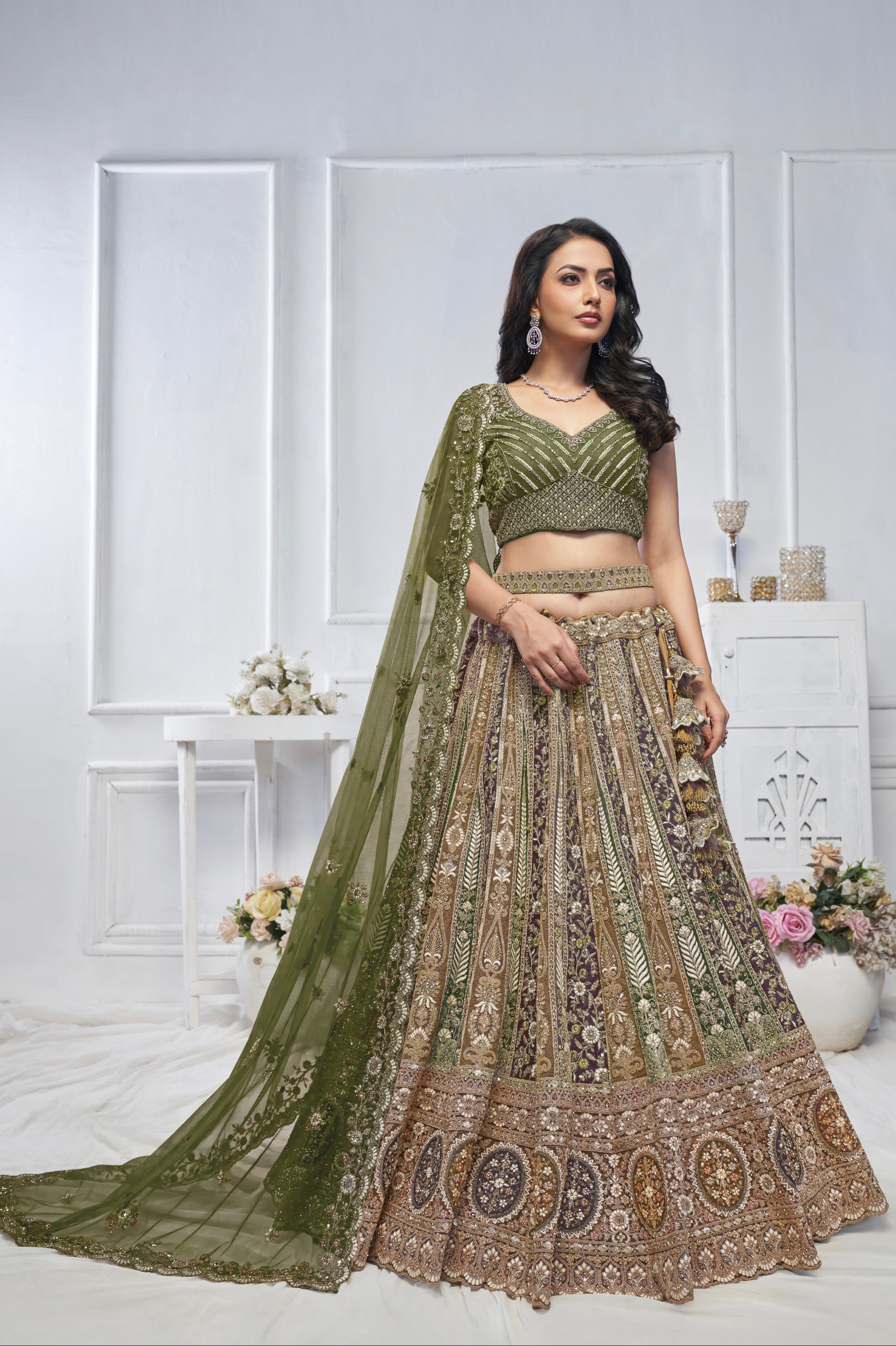 Green Soft Net Lehenga with Paisley Zari Embroidery &amp; Floral Dupatta
