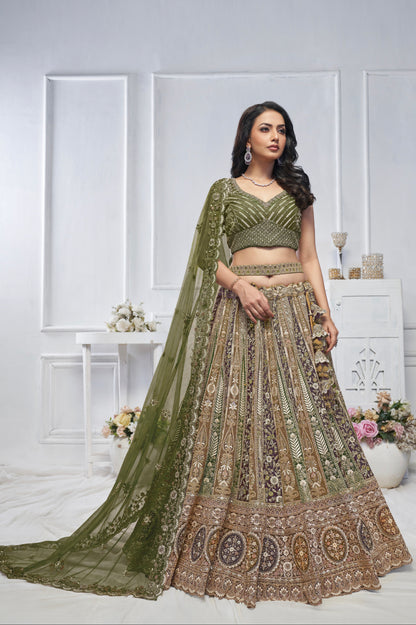 Green Soft Net Lehenga with Paisley Zari Embroidery &amp; Floral Dupatta