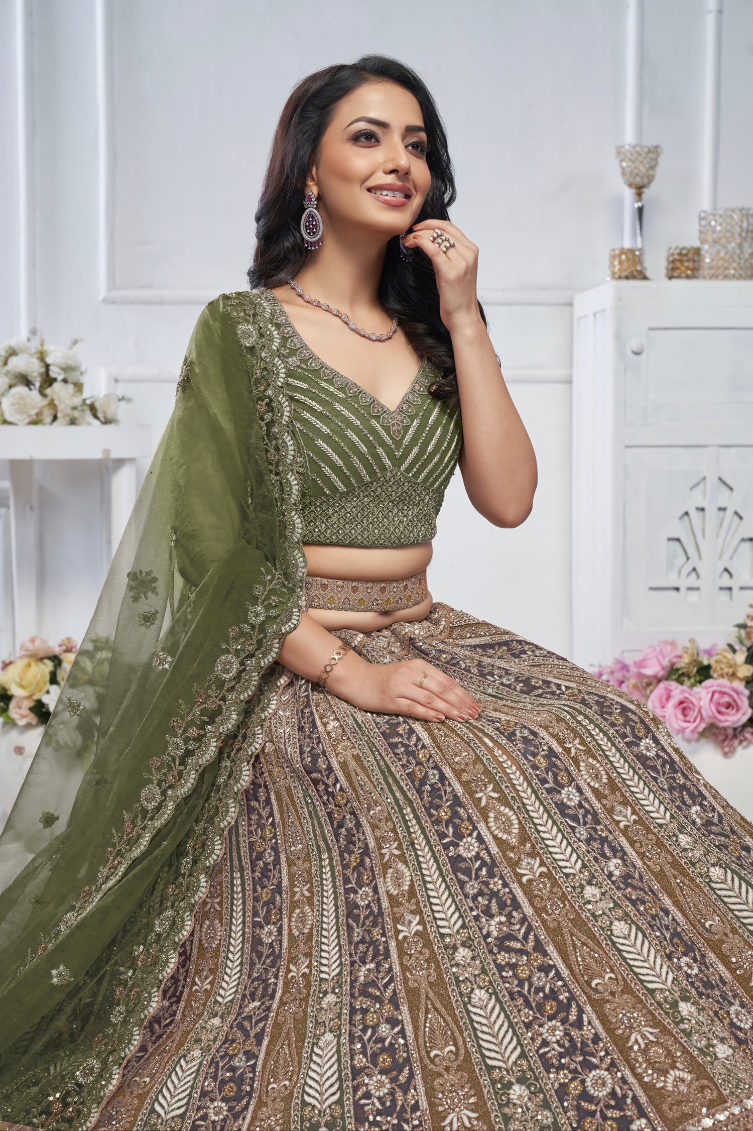 Green Soft Net Lehenga with Paisley Zari Embroidery &amp; Floral Dupatta