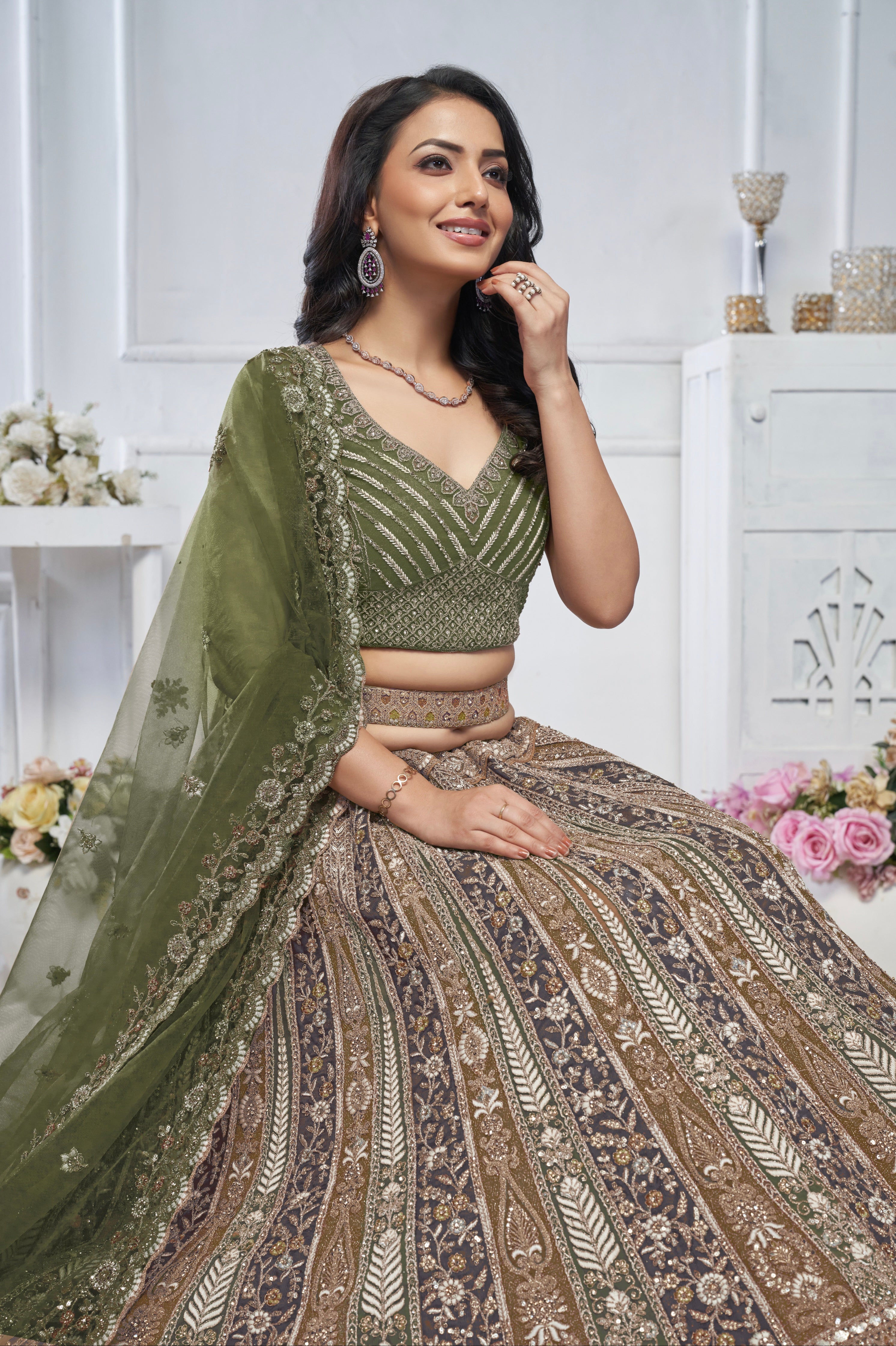 Green Soft Net Lehenga with Paisley Zari Embroidery &amp; Floral Dupatta
