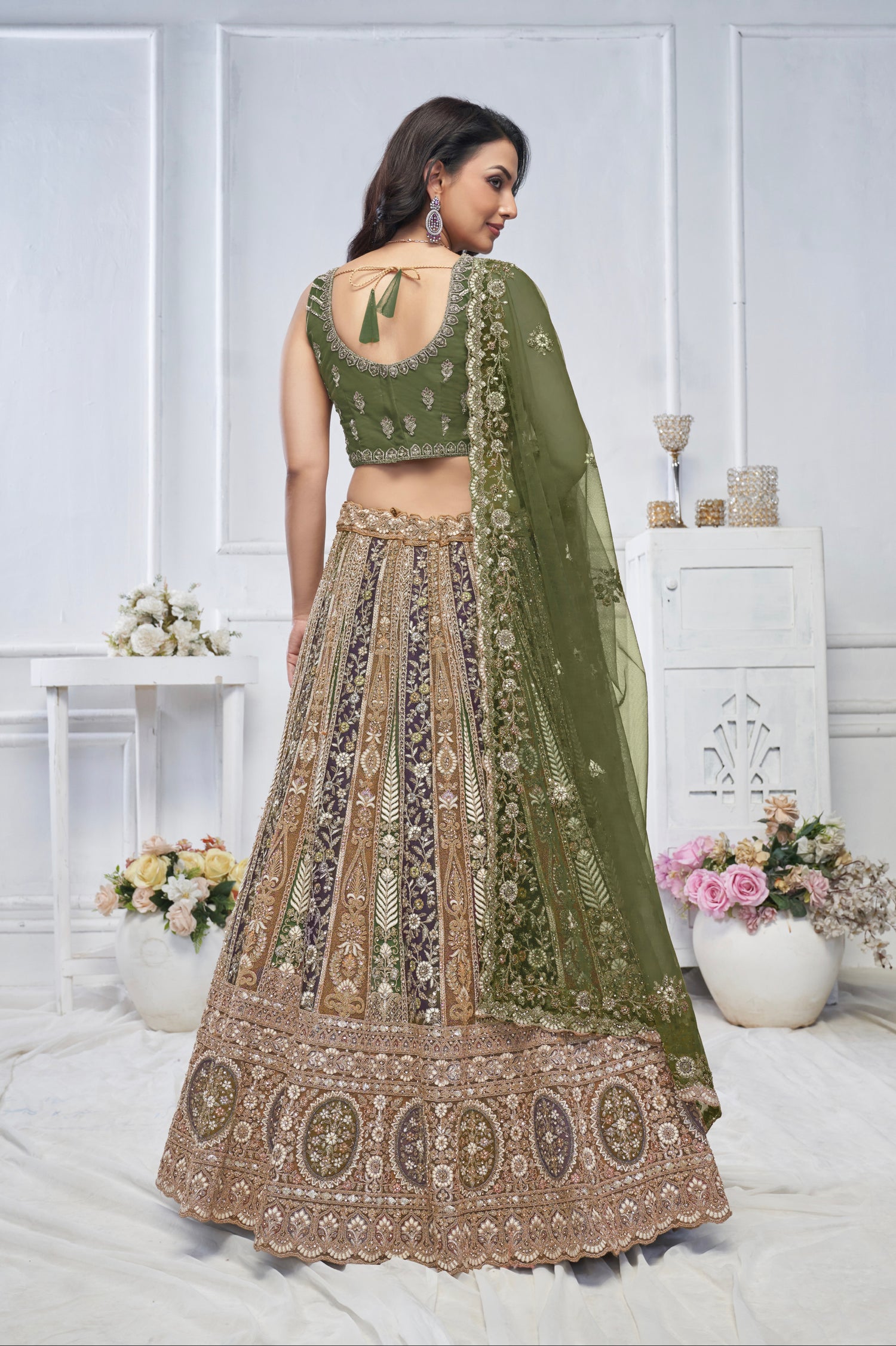 Green Soft Net Lehenga with Paisley Zari Embroidery &amp; Floral Dupatta