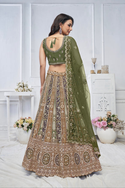 Green Soft Net Lehenga with Paisley Zari Embroidery &amp; Floral Dupatta