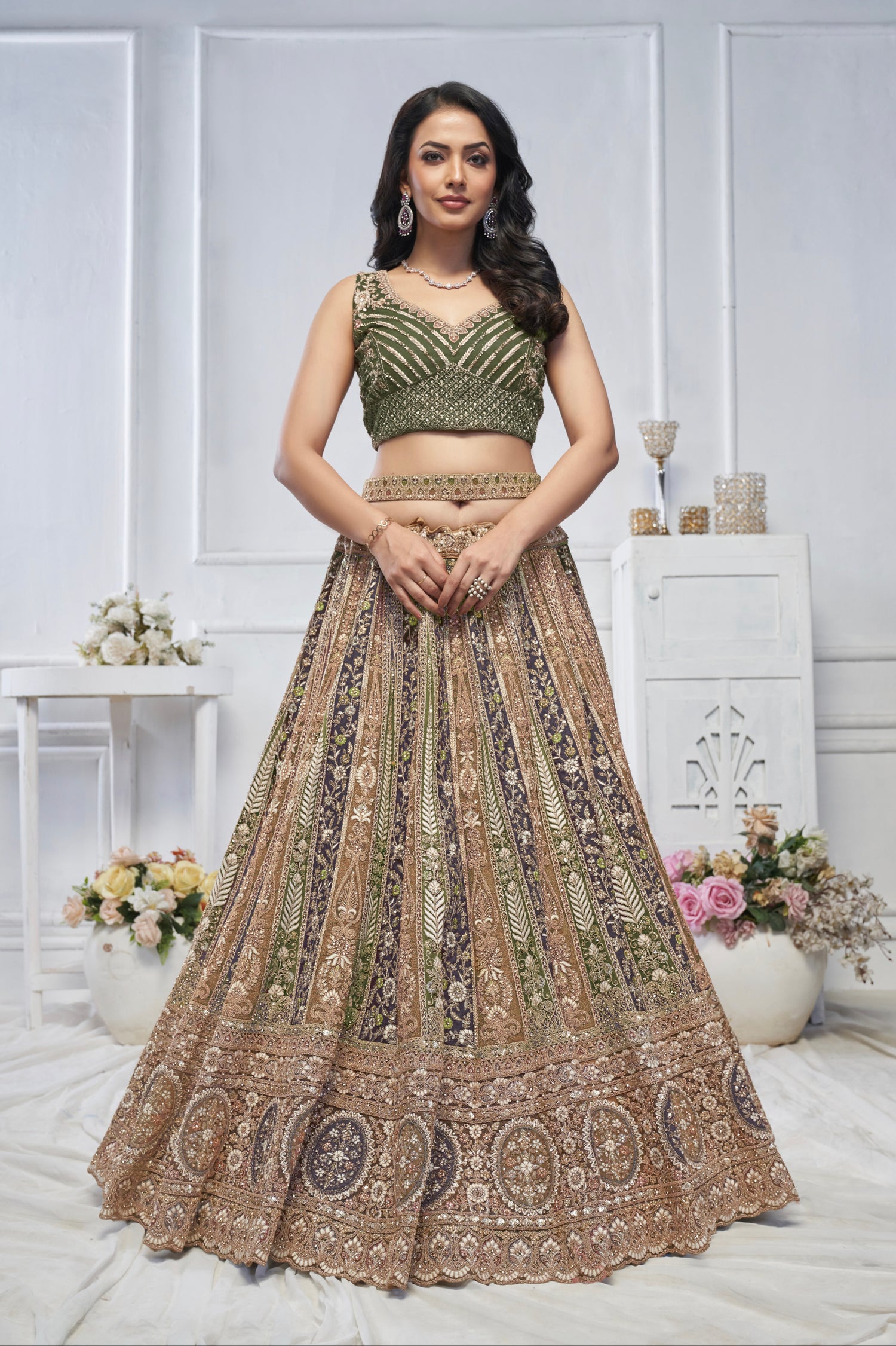 Green Soft Net Lehenga with Paisley Zari Embroidery &amp; Floral Dupatta