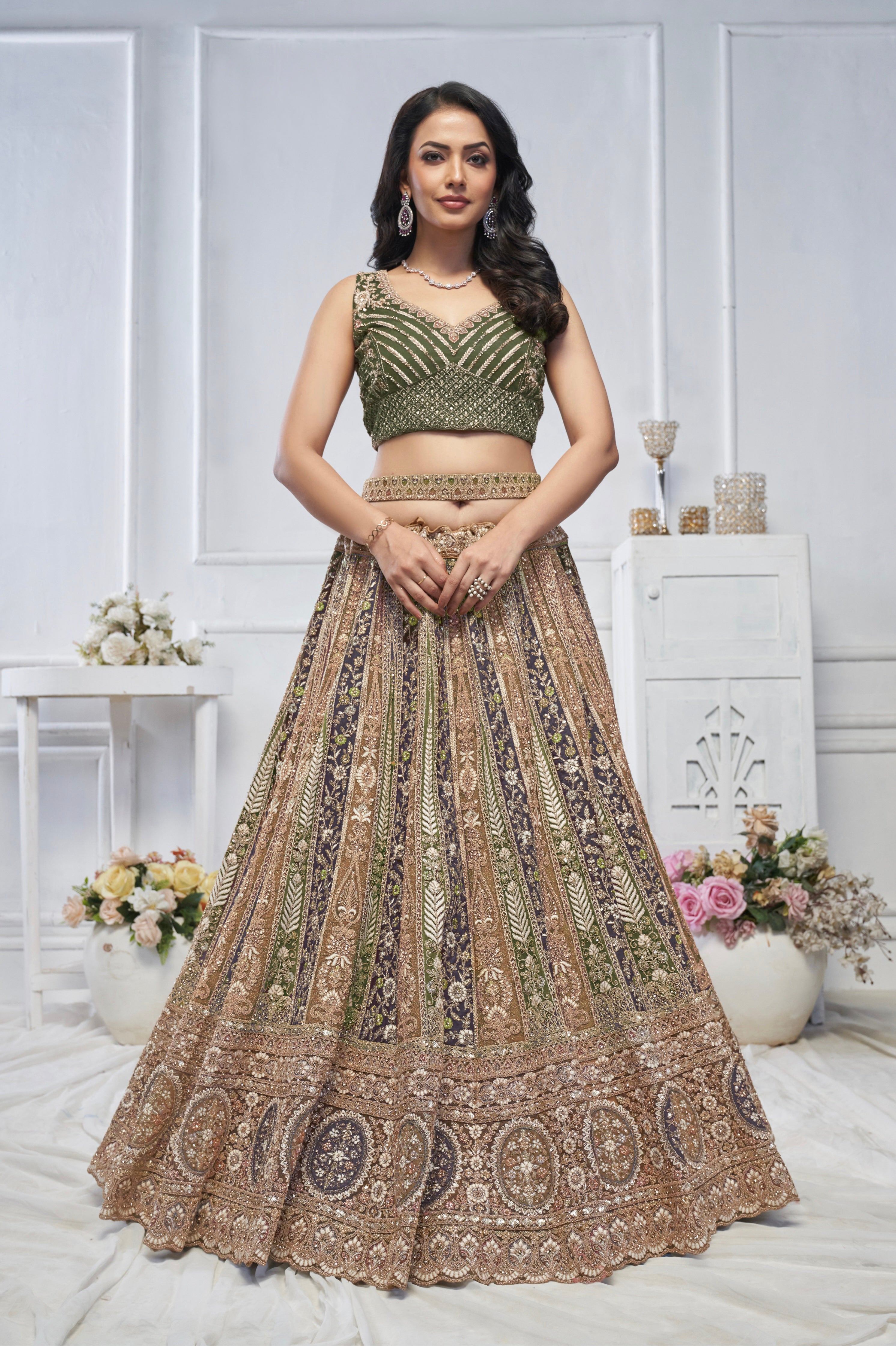 Green Soft Net Lehenga with Paisley Zari Embroidery &amp; Floral Dupatta