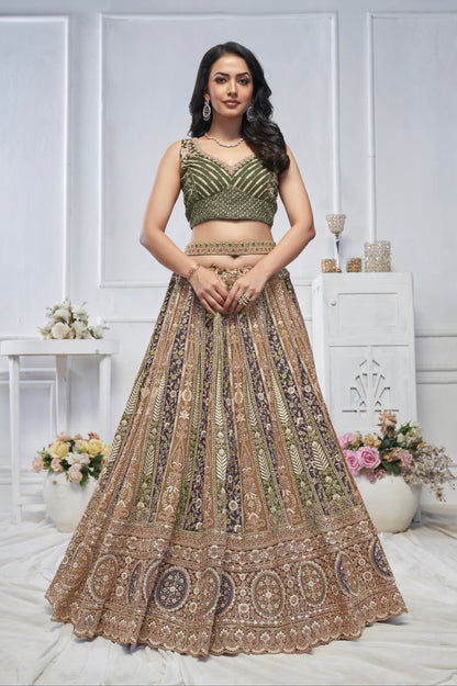 Green Soft Net Lehenga with Paisley Zari Embroidery &amp; Floral Dupatta