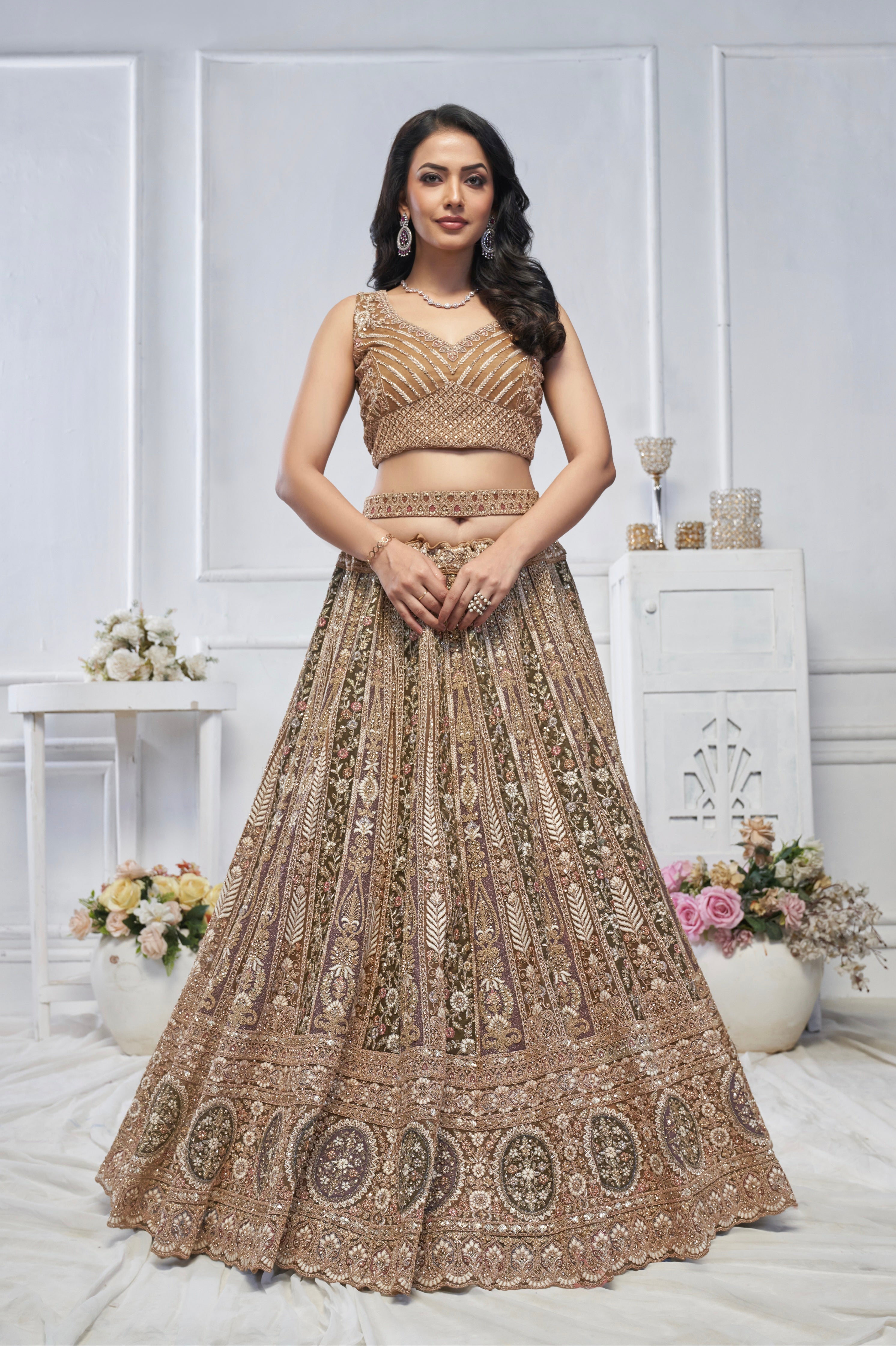 Brown Soft Net Lehenga with Paisley Zari Embroidery & Floral Dupatta
