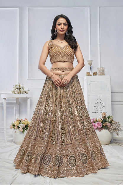 Brown Soft Net Lehenga with Paisley Zari Embroidery &amp; Floral Dupatta