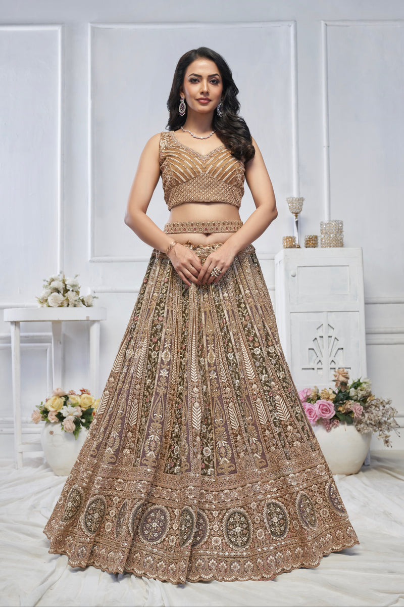 Brown Soft Net Lehenga with Paisley Zari Embroidery & Floral Dupatta