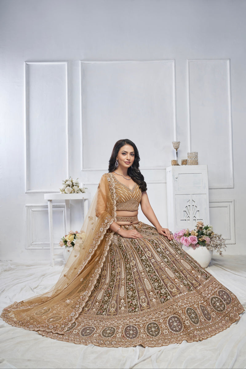 Brown Soft Net Lehenga with Paisley Zari Embroidery & Floral Dupatta