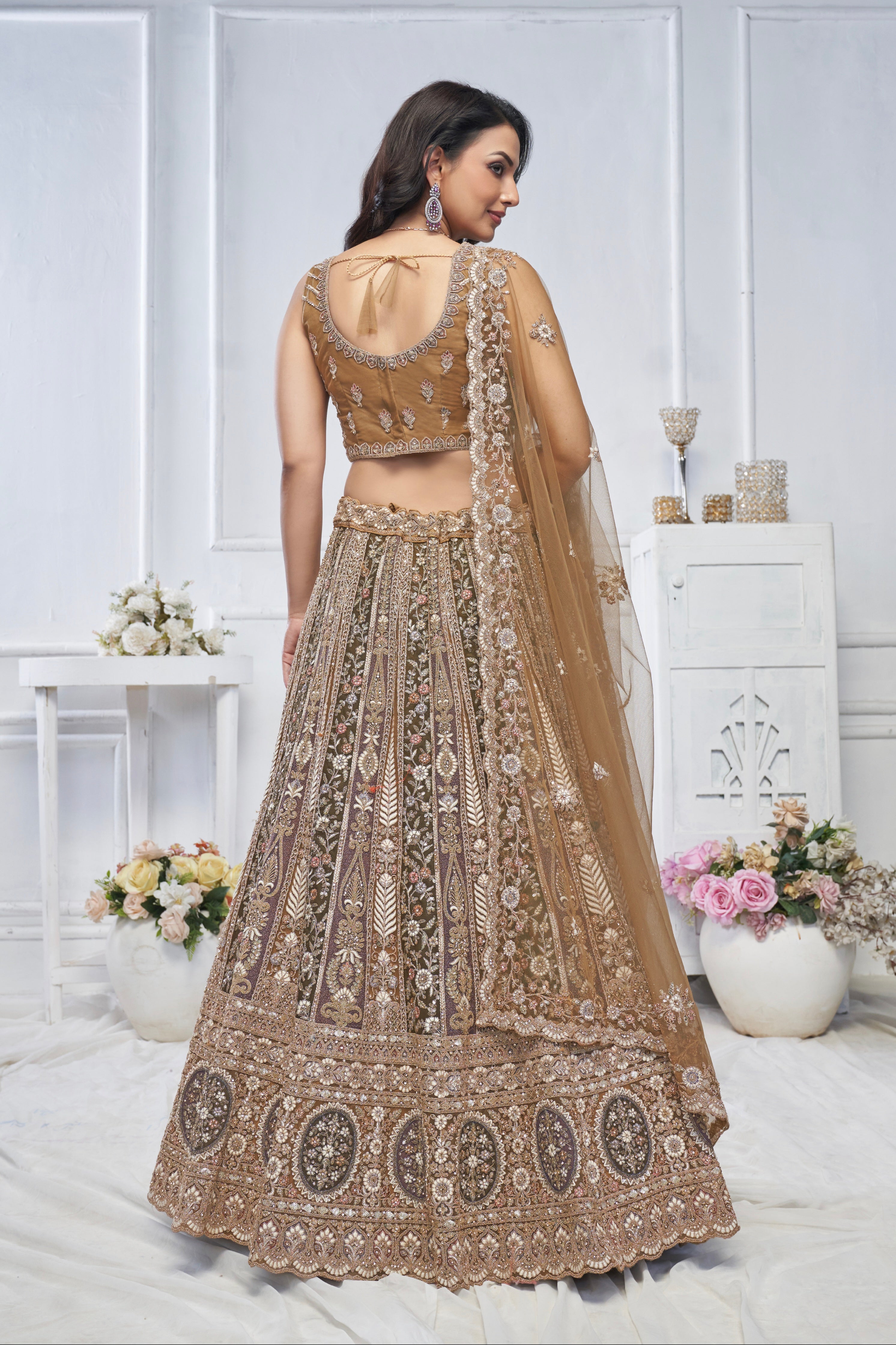 Brown Soft Net Lehenga with Paisley Zari Embroidery & Floral Dupatta
