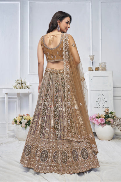 Brown Soft Net Lehenga with Paisley Zari Embroidery &amp; Floral Dupatta