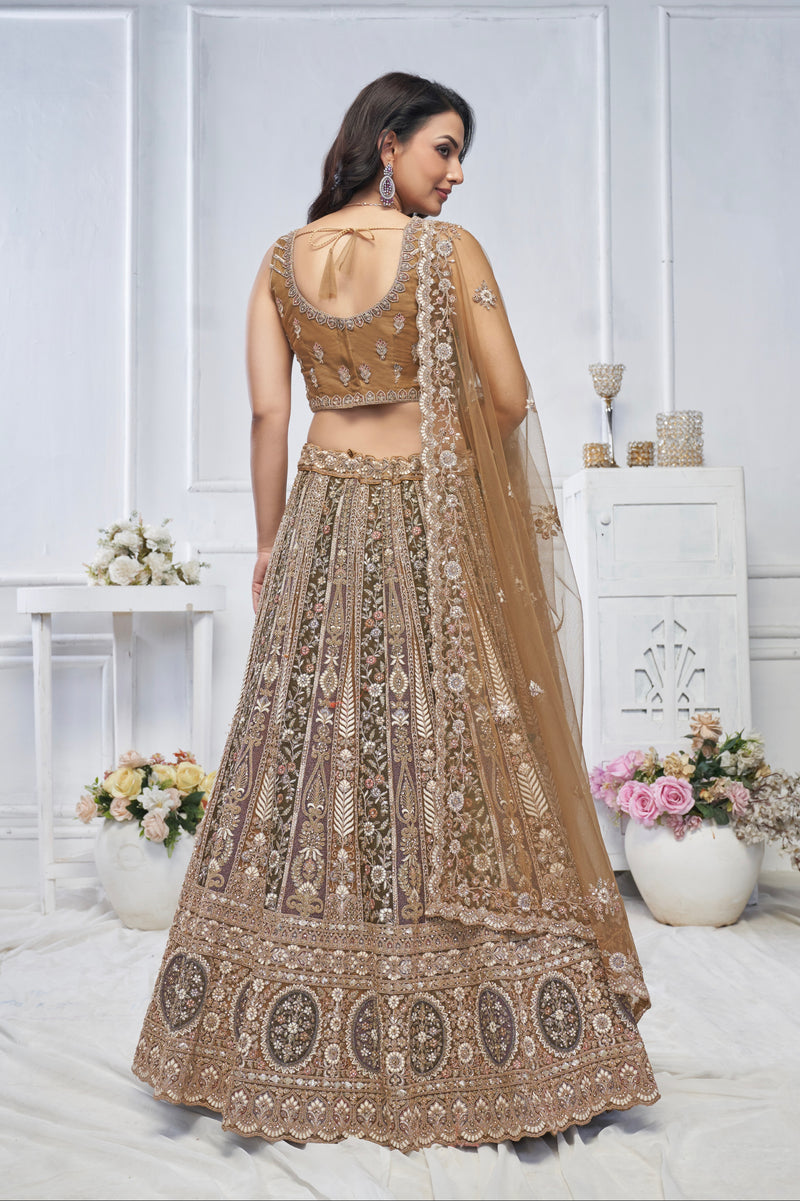 Brown Soft Net Lehenga with Paisley Zari Embroidery & Floral Dupatta