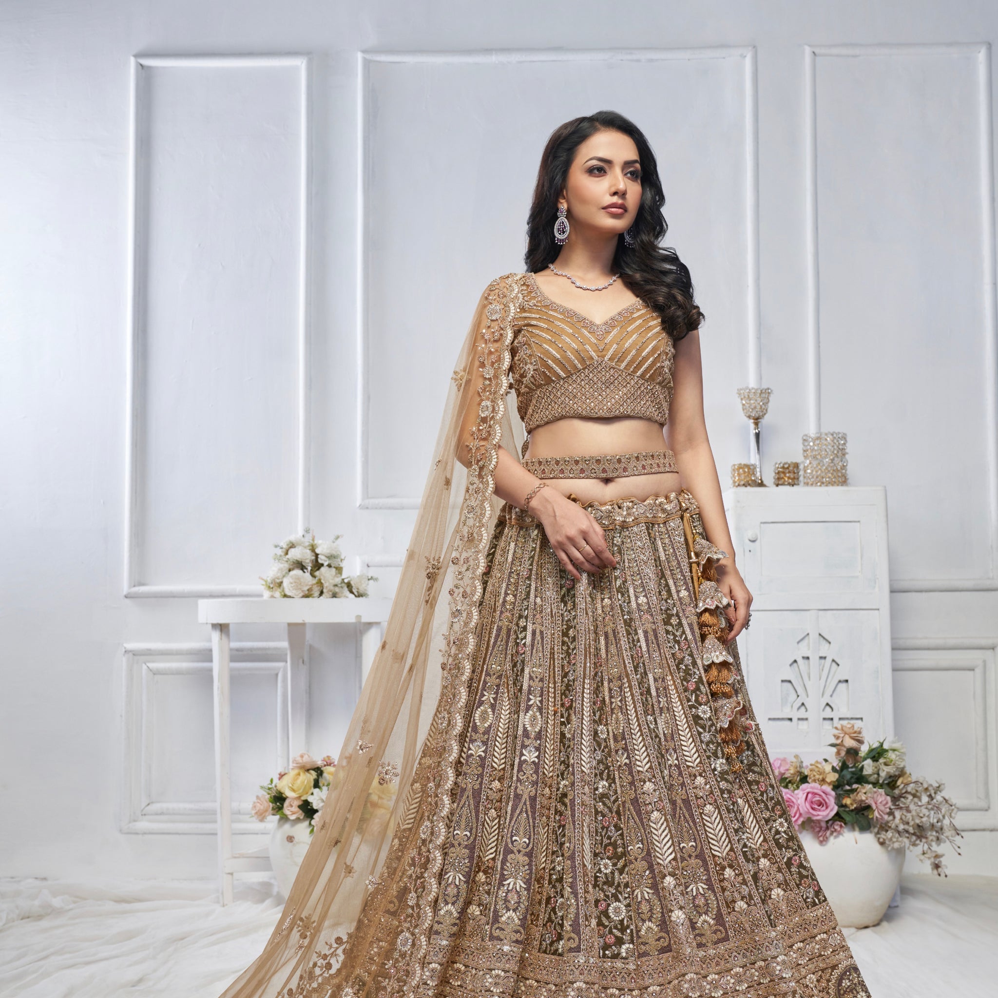 Brown Soft Net Lehenga with Paisley Zari Embroidery & Floral Dupatta