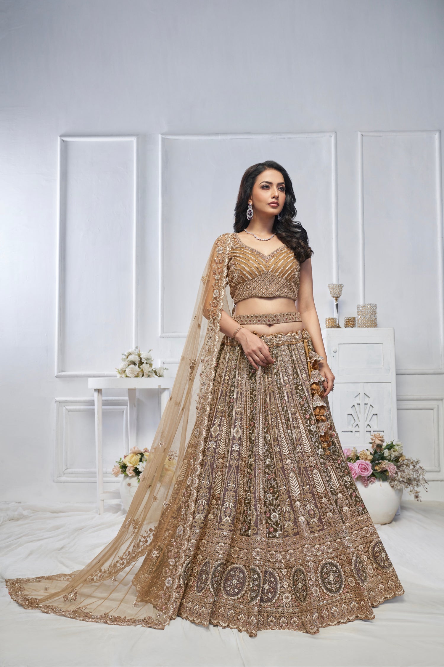 Brown Soft Net Lehenga with Paisley Zari Embroidery &amp; Floral Dupatta