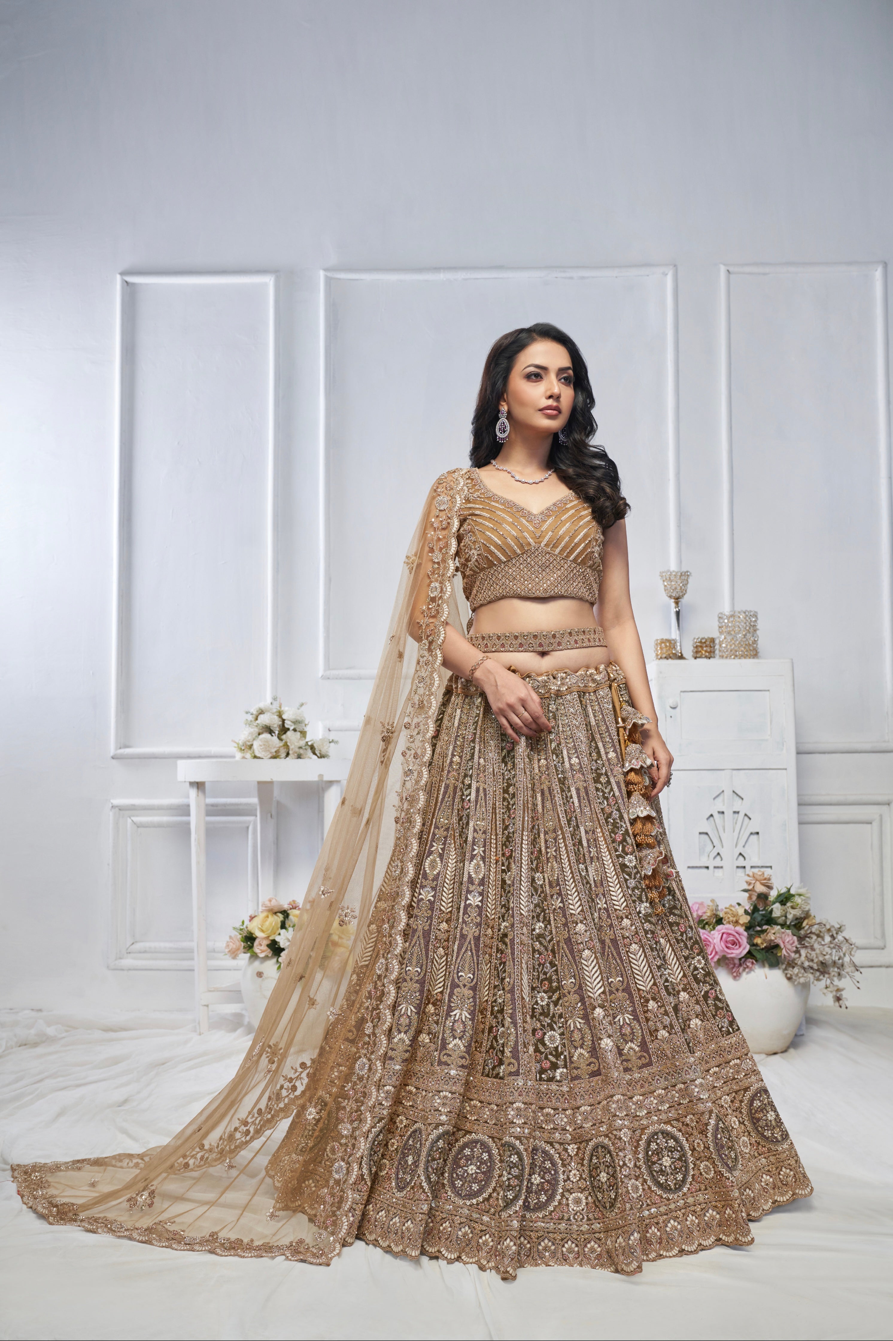 Brown Soft Net Lehenga with Paisley Zari Embroidery &amp; Floral Dupatta