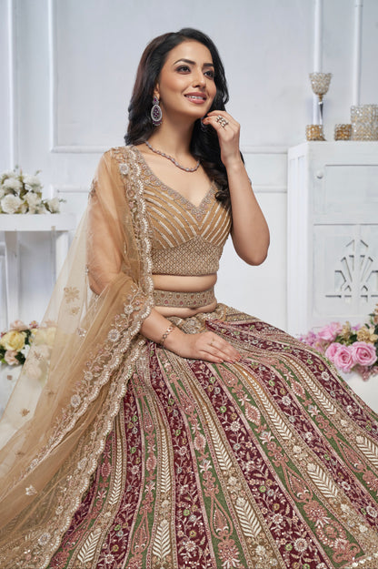 Golden Soft Net Lehenga with Paisley Zari Embroidery &amp; Floral Dupatta