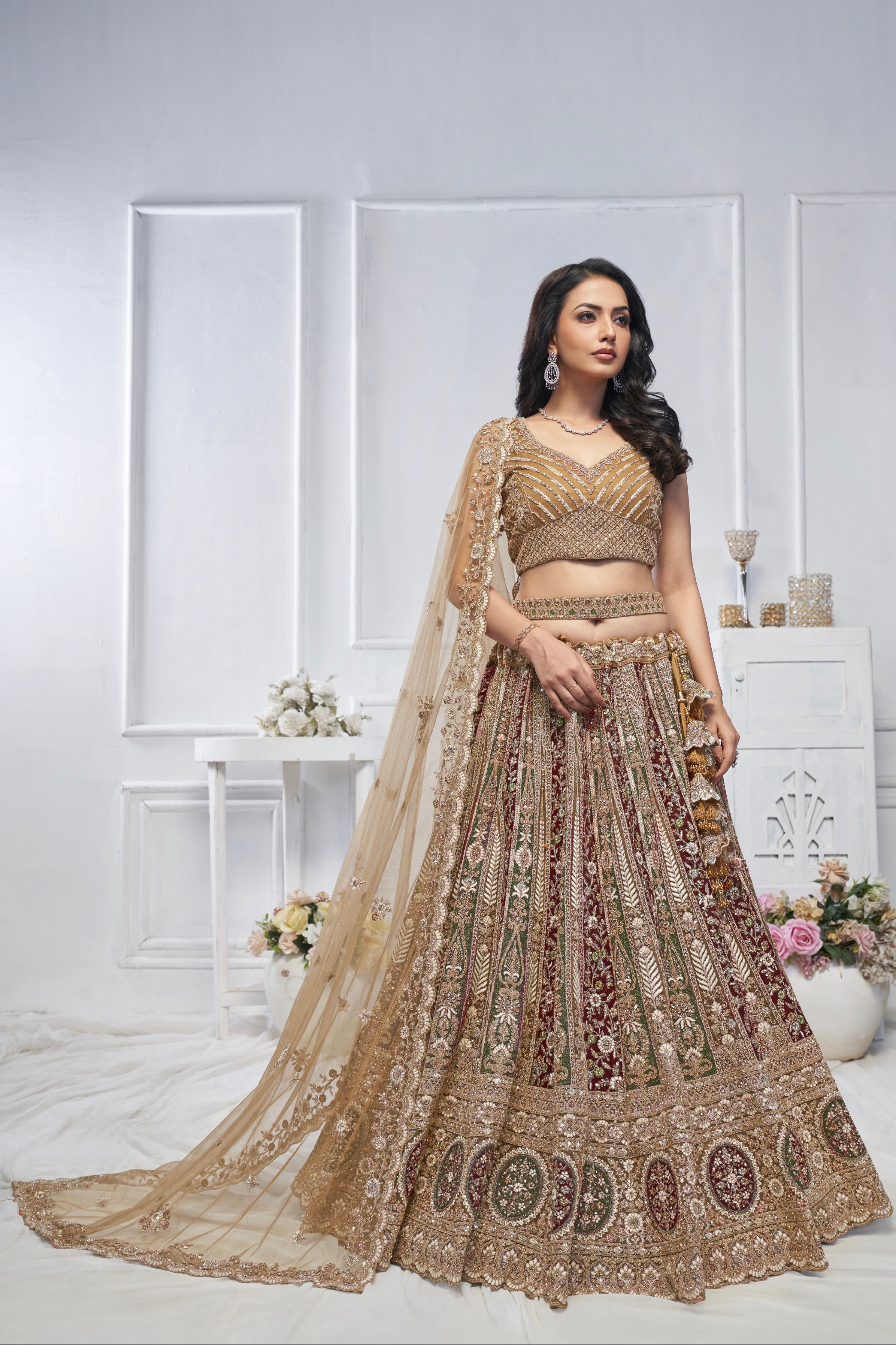 Golden Soft Net Lehenga with Paisley Zari Embroidery &amp; Floral Dupatta