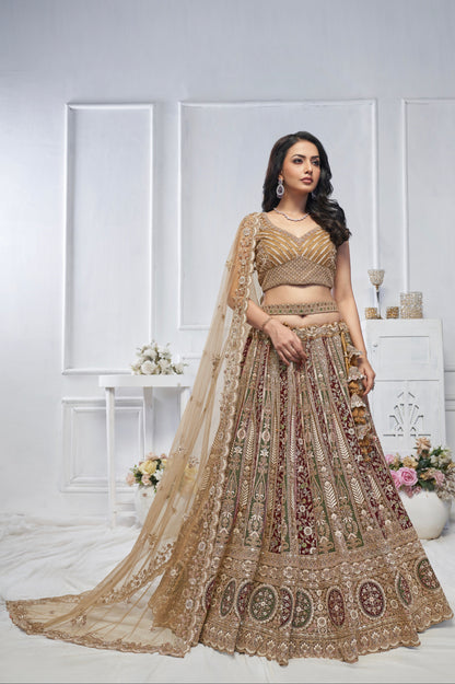 Golden Soft Net Lehenga with Paisley Zari Embroidery &amp; Floral Dupatta