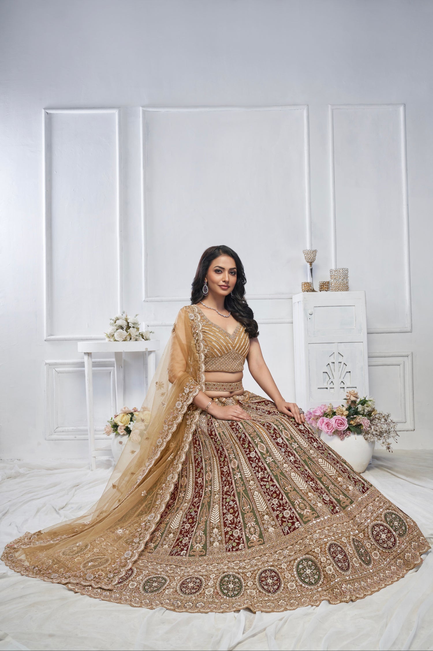 Golden Soft Net Lehenga with Paisley Zari Embroidery &amp; Floral Dupatta