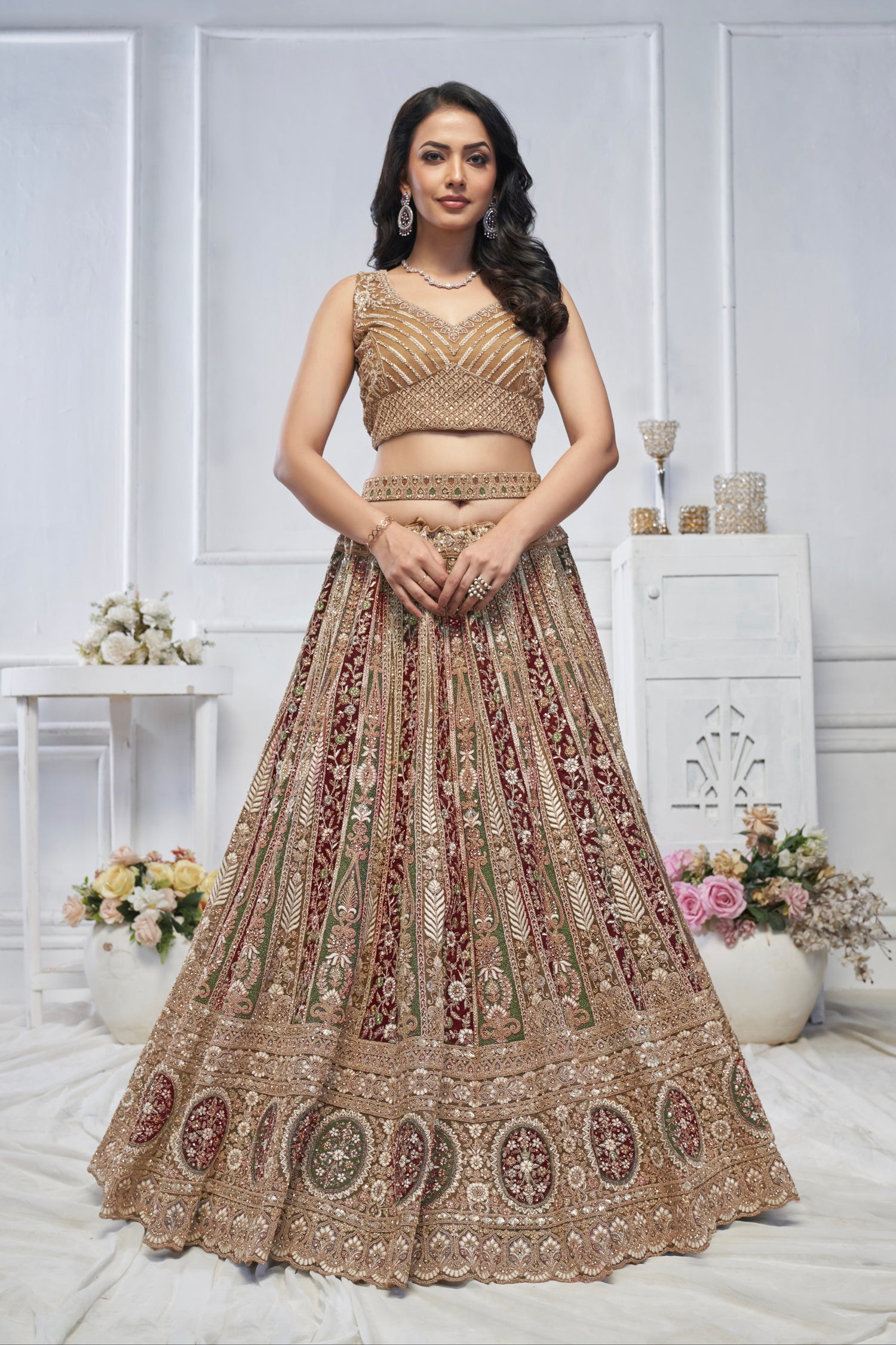 Golden Soft Net Lehenga with Paisley Zari Embroidery &amp; Floral Dupatta
