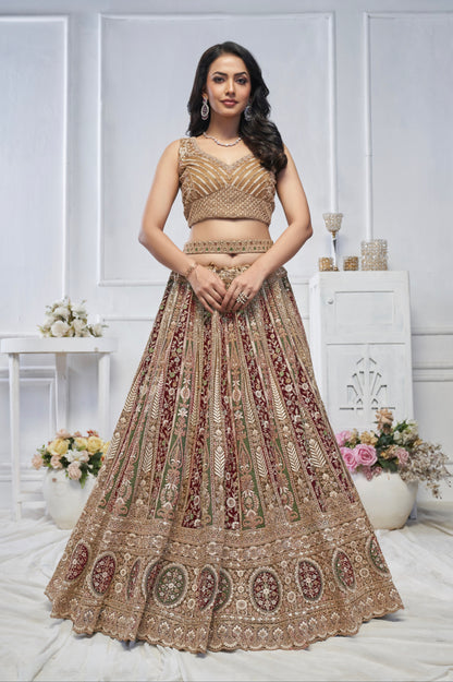 Golden Soft Net Lehenga with Paisley Zari Embroidery &amp; Floral Dupatta
