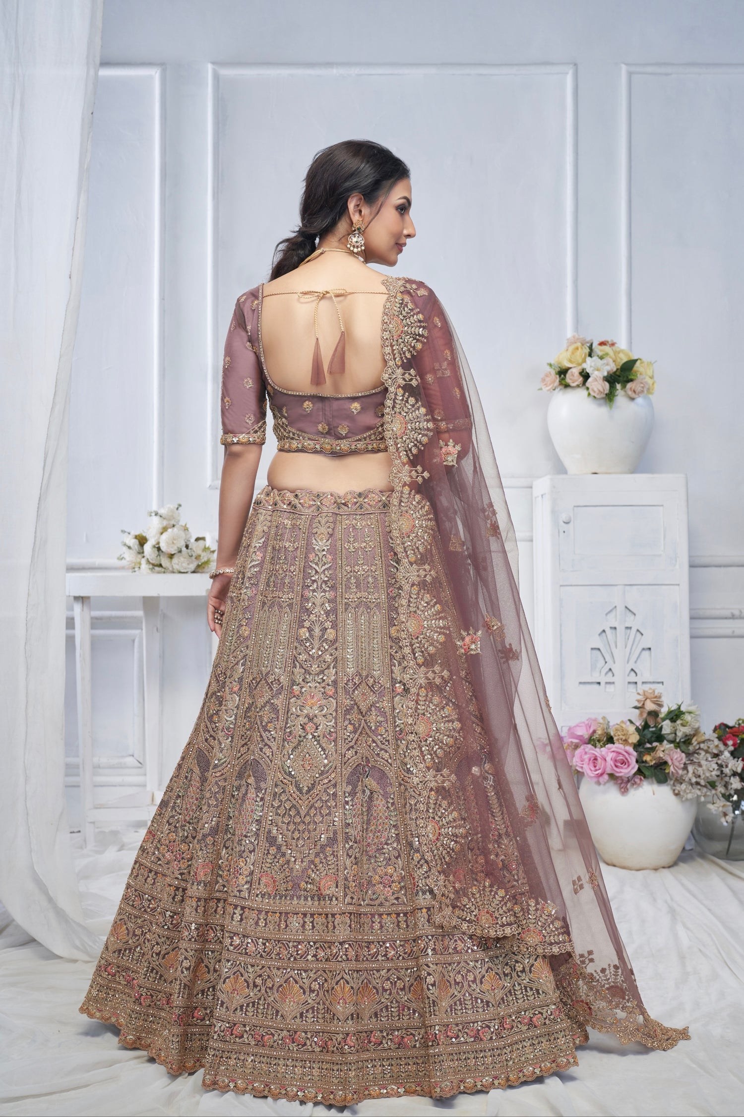 Purple Soft Net Lehenga with Paisley &amp; Peacock Embroidery