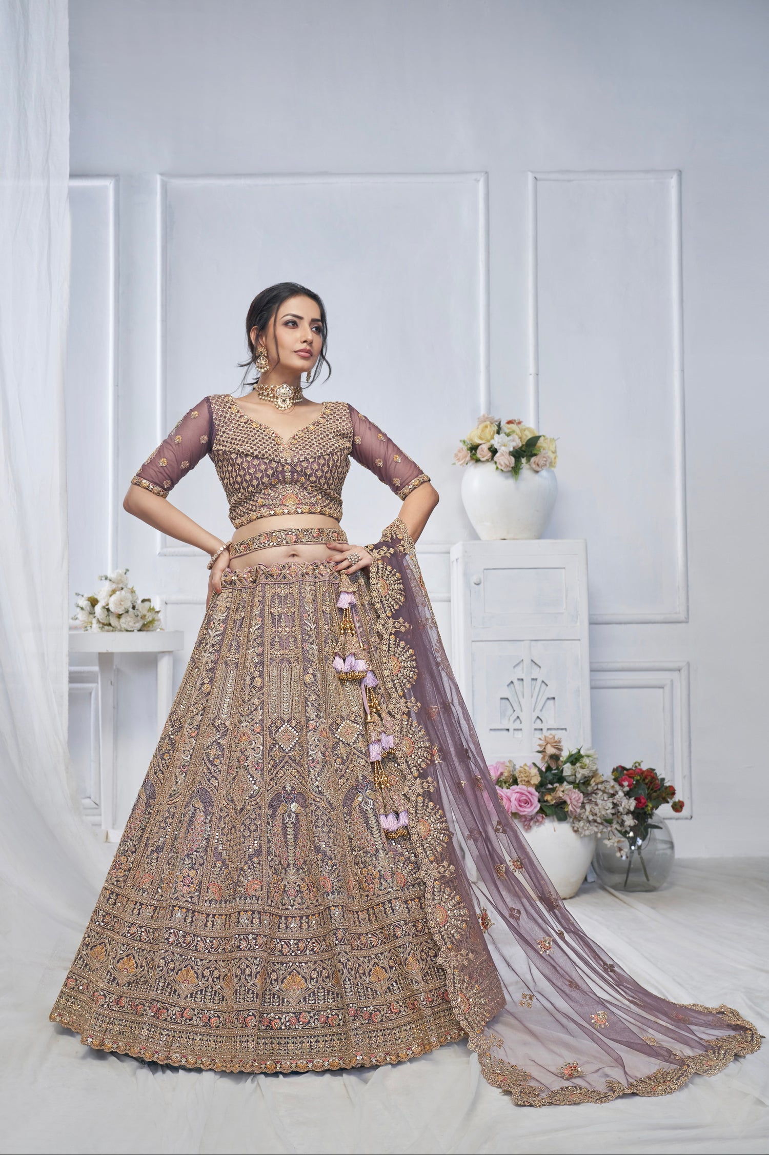 Purple Soft Net Lehenga with Paisley &amp; Peacock Embroidery