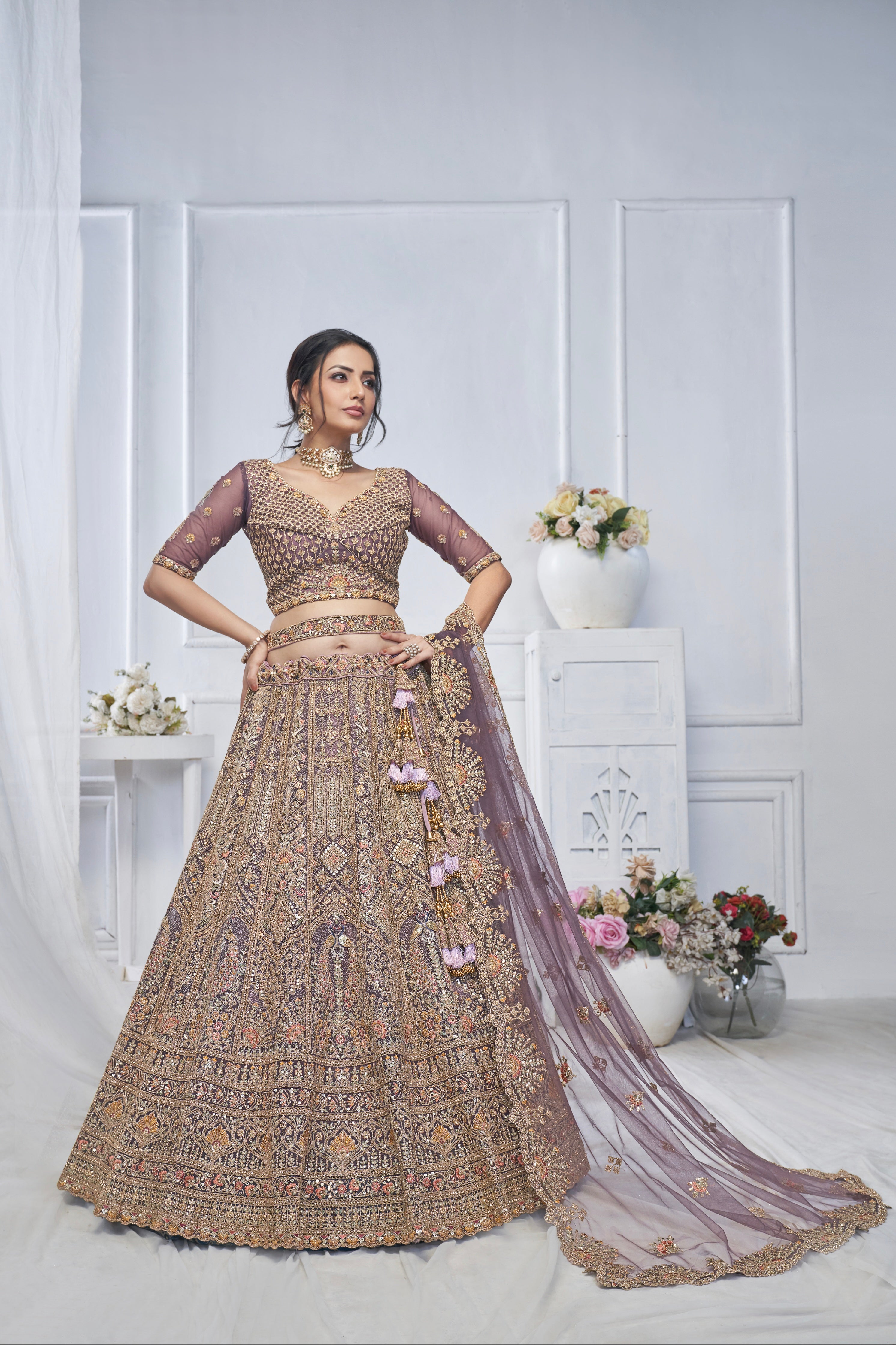 Purple Soft Net Lehenga with Paisley &amp; Peacock Embroidery