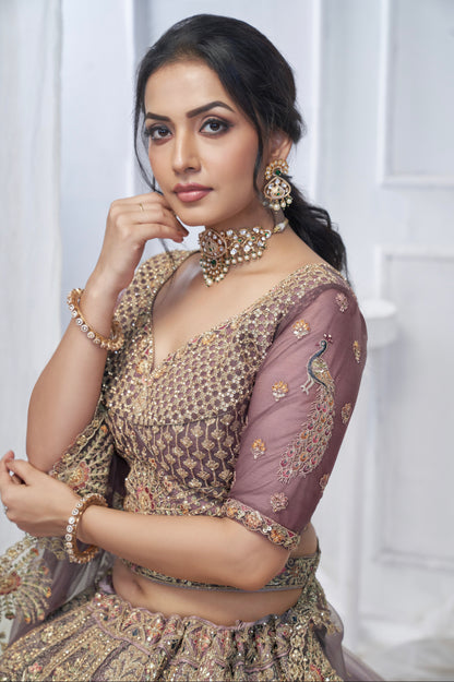 Purple Soft Net Lehenga with Paisley &amp; Peacock Embroidery