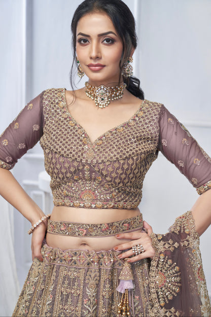 Purple Soft Net Lehenga with Paisley &amp; Peacock Embroidery