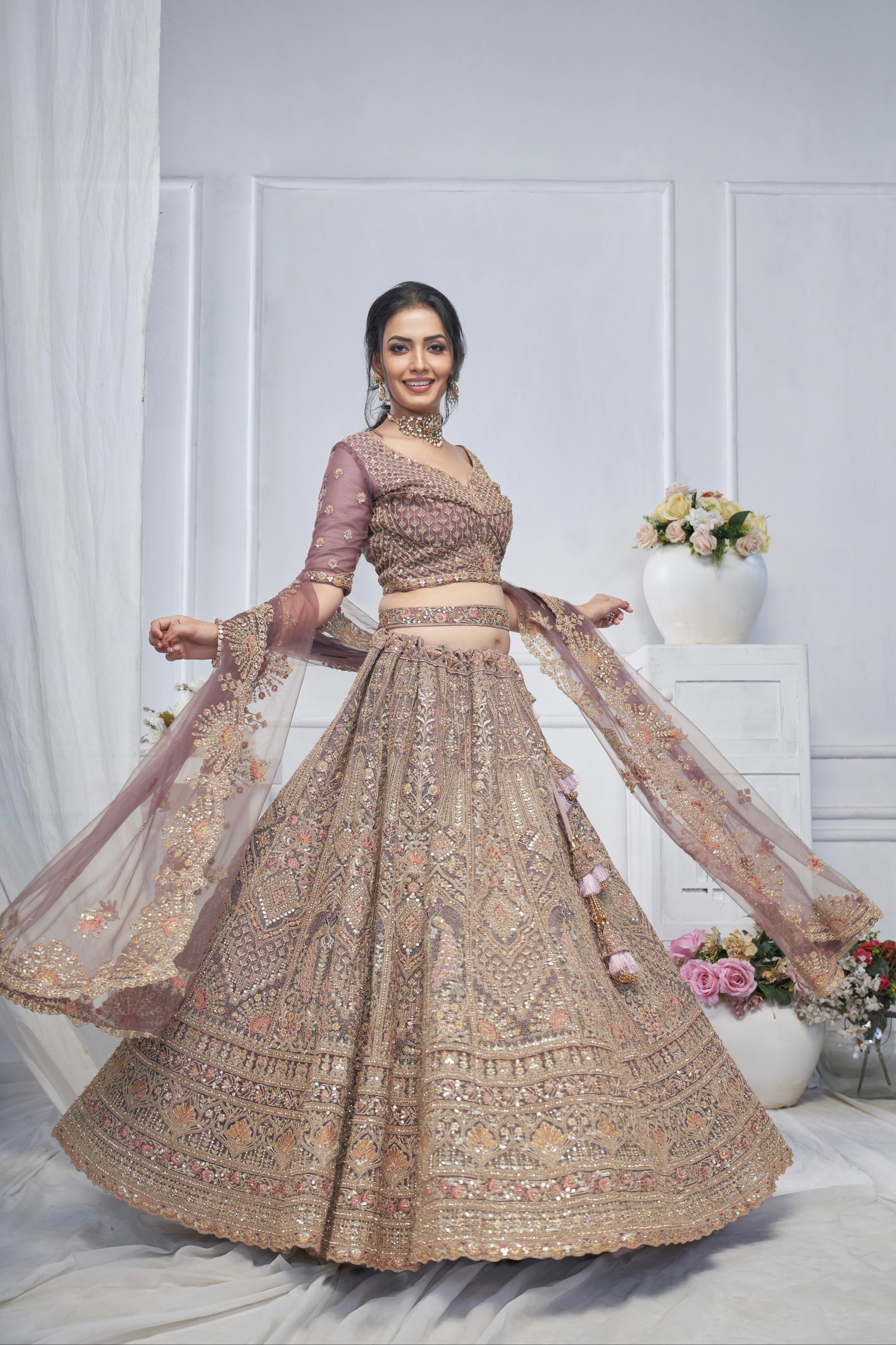 Purple Soft Net Lehenga with Paisley &amp; Peacock Embroidery