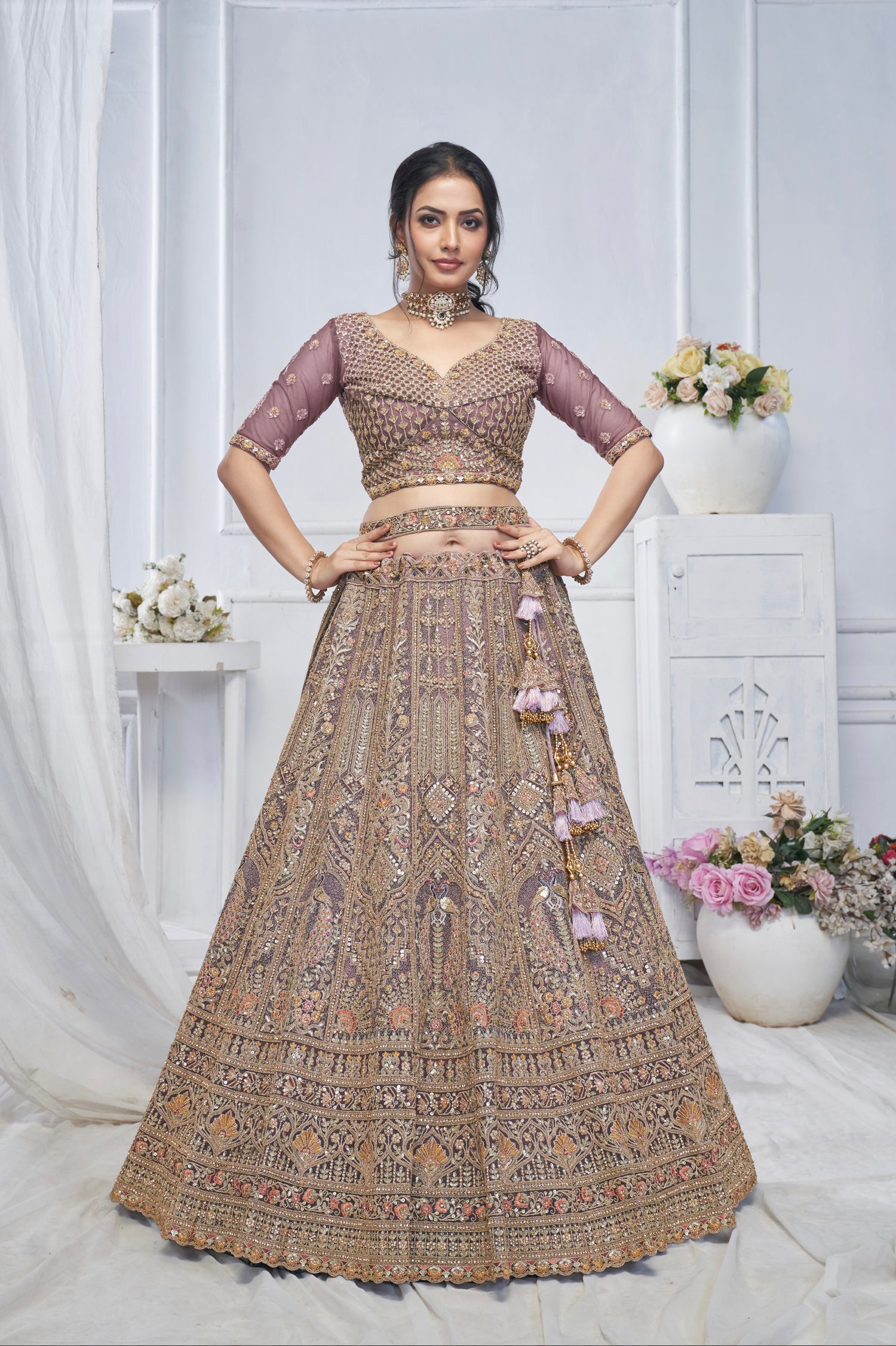 Purple Soft Net Lehenga with Paisley &amp; Peacock Embroidery