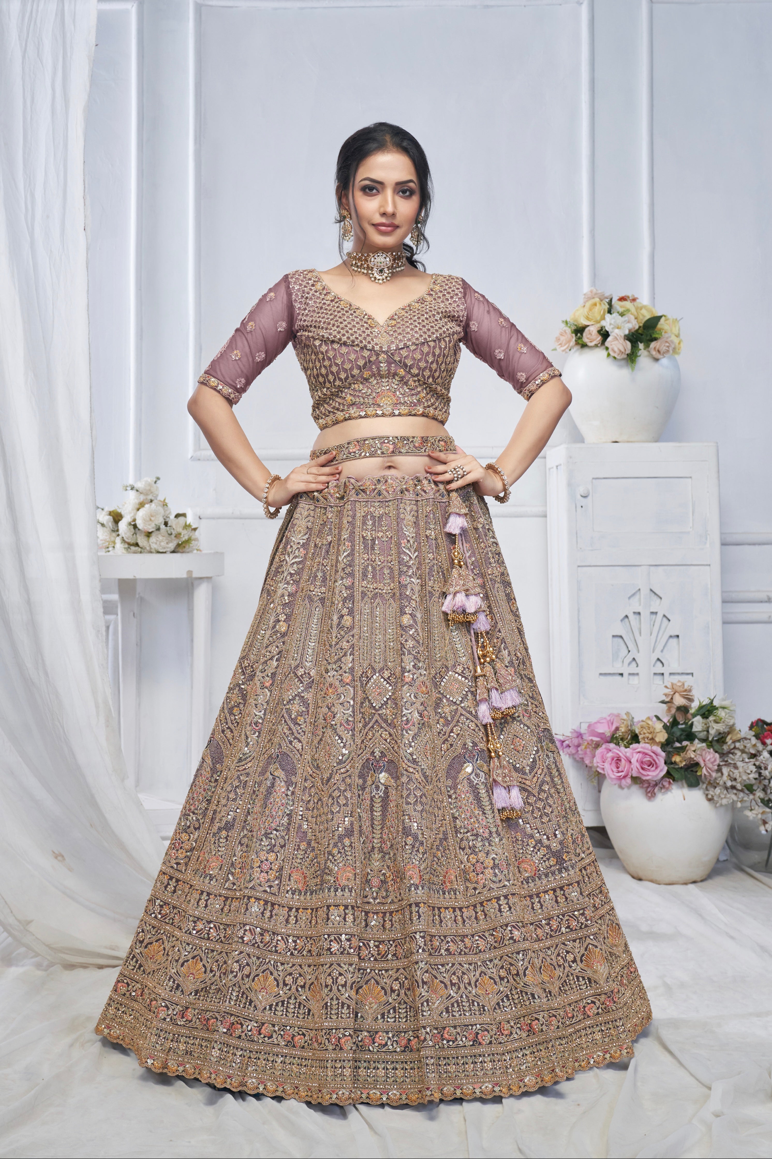 Purple Soft Net Lehenga with Paisley &amp; Peacock Embroidery