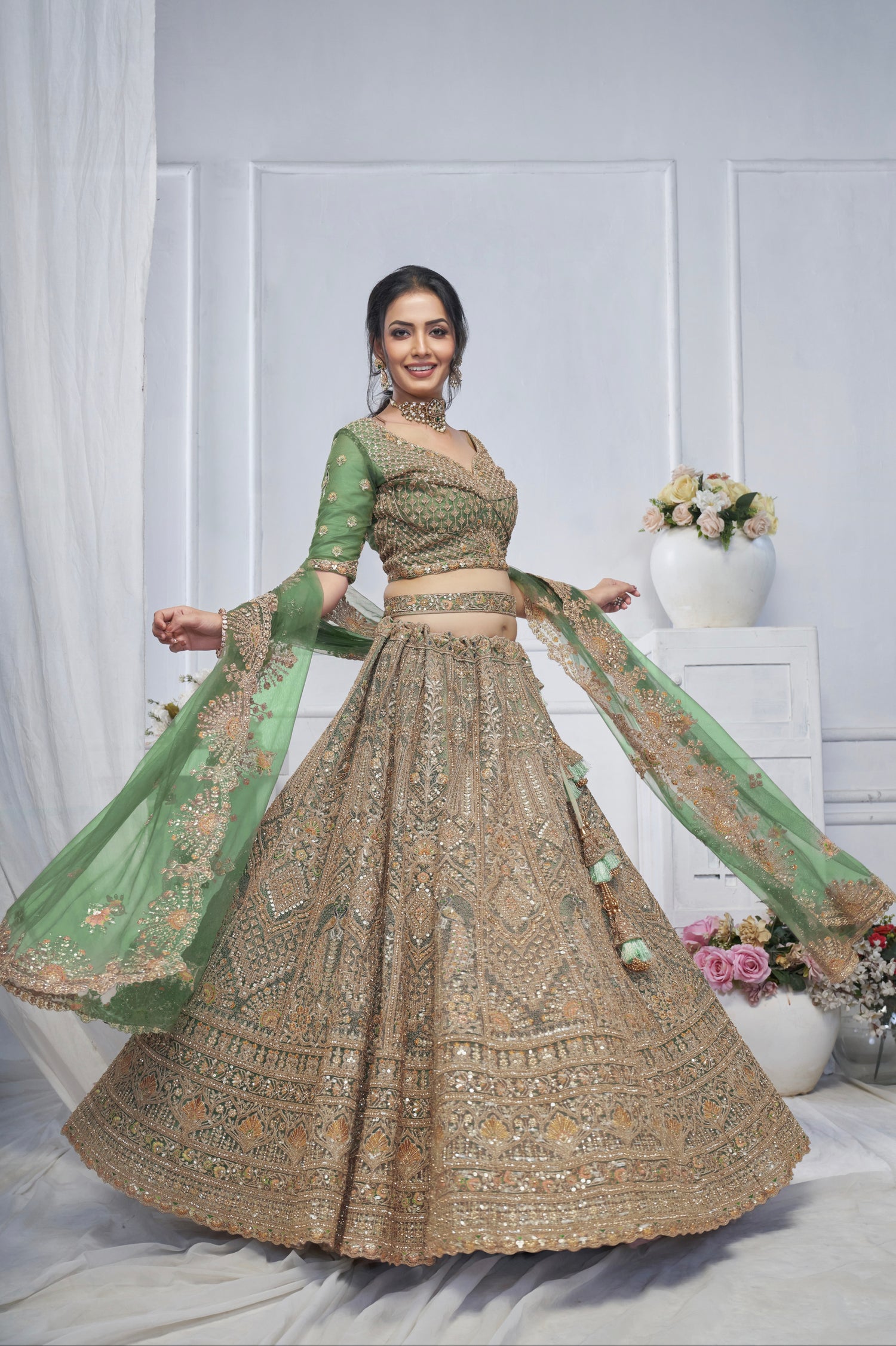 Green Soft Net Lehenga with Paisley &amp; Peacock Embroidery