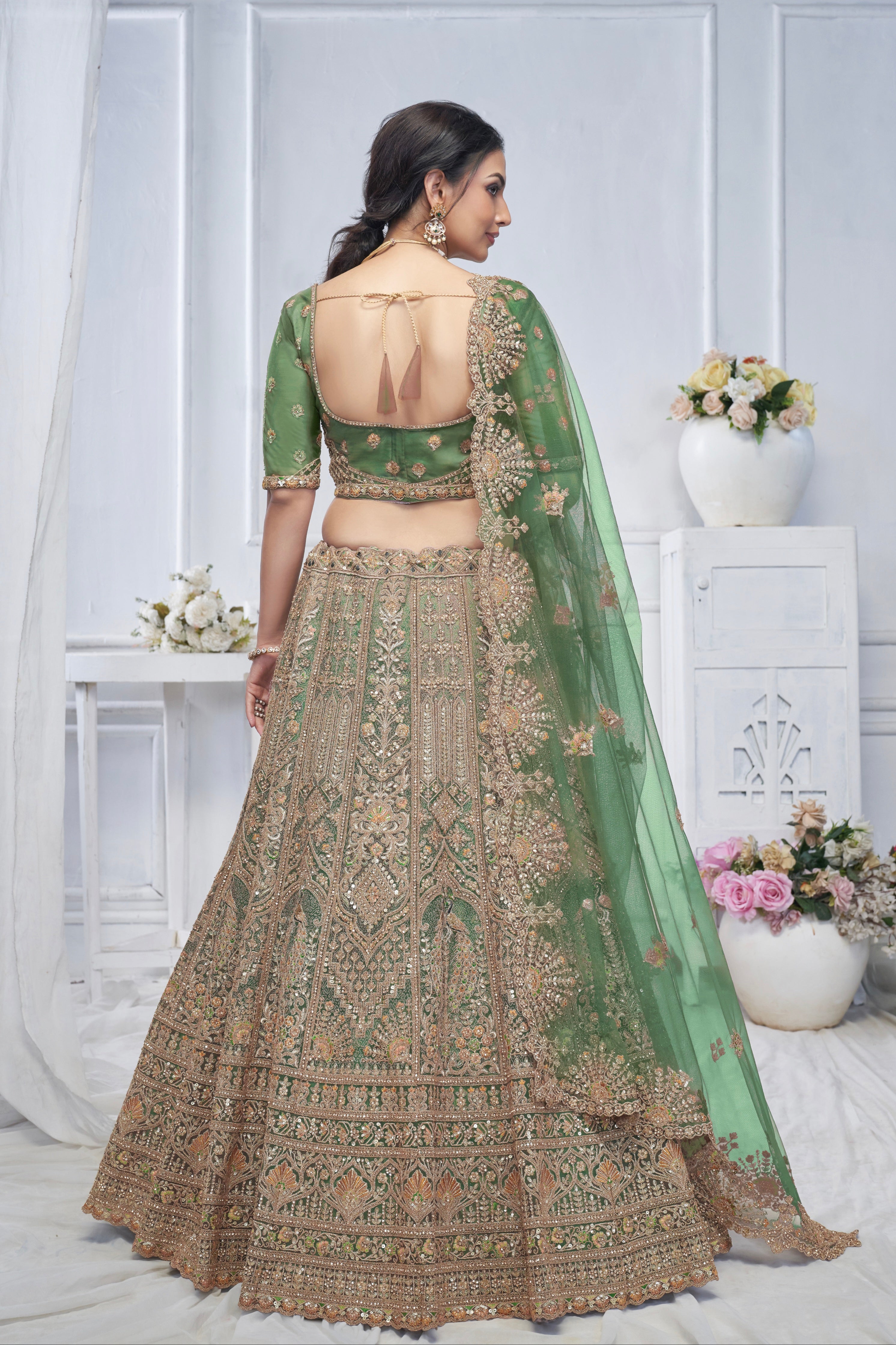 Green Soft Net Lehenga with Paisley &amp; Peacock Embroidery