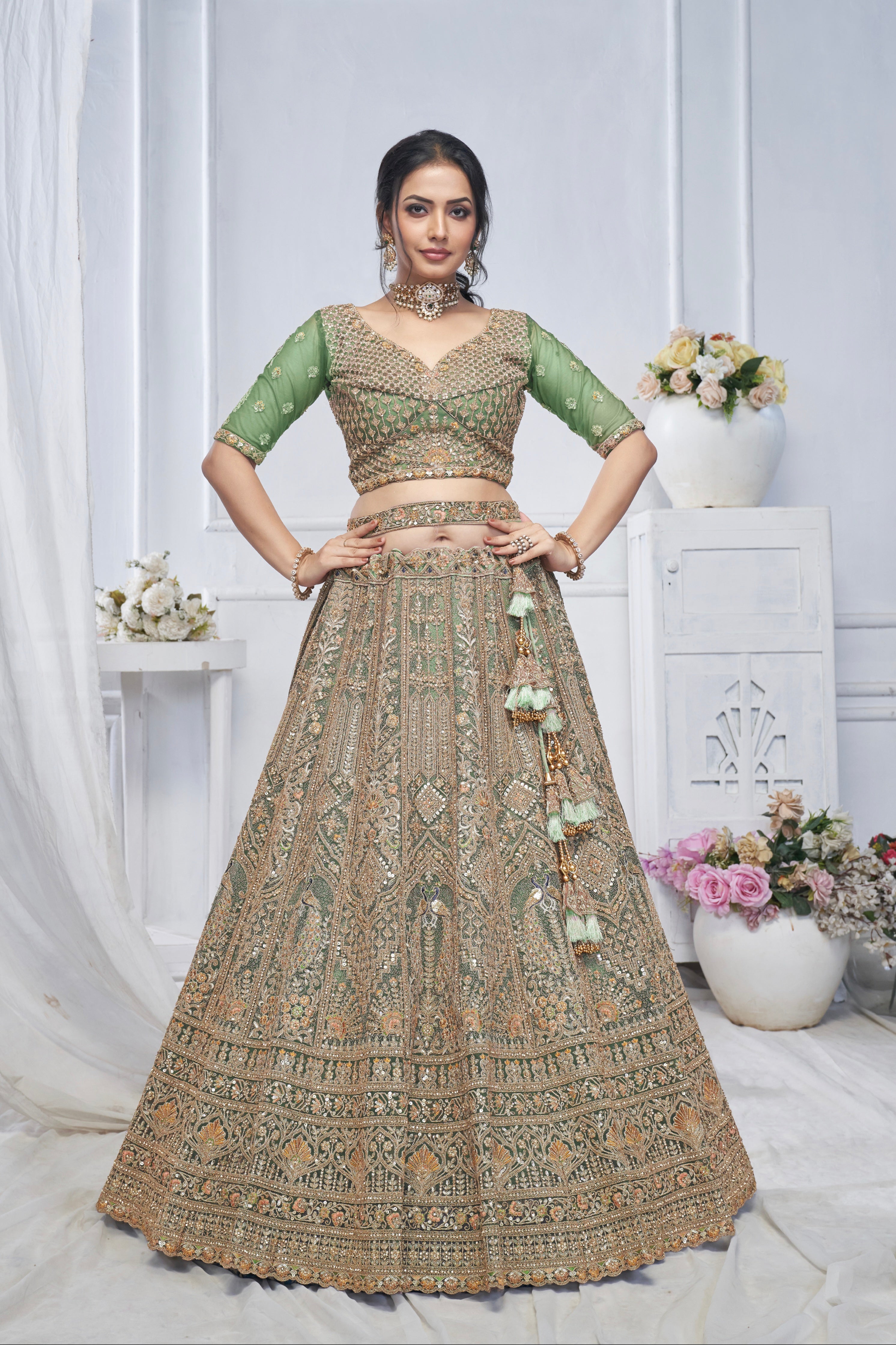Green Soft Net Lehenga with Paisley &amp; Peacock Embroidery